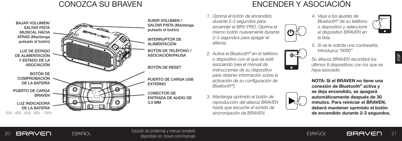 20 21ESPSolución de problemas y manual completo disponibles en: braven.com/manualsCONOZCA SU BRAVEN ENCENDER Y ASOCIACIÓN1.  Oprima el botón de encendido durante 2-3 segundos para encender el BRV-PRO. Oprima el mismo botón nuevamente durante 2-3 segundos para apagar el altavoz.2.  Active el Bluetooth® en el teléfono o dispositivo con el que se esté asociando (vea el manual de instrucciones de su dispositivo para obtener información sobre la activación de su configuración de Bluetooth®).3.  Mantenga oprimido el botón de reproducción del altavoz BRAVEN hasta que escuche el sonido de sincronización de BRAVEN. 4.  Vaya a los ajustes de Bluetooth® de su teléfono o dispositivo y seleccione el dispositivo BRAVEN en la lista. 5.  Si se le solicita una contraseña, introduzca “0000”Su altavoz BRAVEN recordará los últimos 8 dispositivos con los que se haya asociado.  NOTA: Si el BRAVEN no tiene una conexión de Bluetooth® activa y se deja encendido, se apagará automáticamente después de 30 minutos. Para reiniciar el BRAVEN, deberá mantener oprimido el botón de encendido durante 2-3 segundos.LUZ INDICADORA DE LA BATERÍABOTÓN DE COMPROBACIÓN DE LA BATERÍALUZ DE ESTADO DE ALIMENTACIÓN Y ESTADO DE LA ASOCIACIÓNPUERTO DE CARGA BRAVENBAJAR VOLUMEN/SALTAR PISTA MUSICAL HACIA ATRÁS (Mantenga pulsado el botón)20% - 40% - 60% - 80% - 100%INTERRUPTOR DE ALIMENTACIÓNBOTÓN DE TELÉFONO /ASOCIACIÓN/PAUSASUBIR VOLUMEN / SALTAR PISTA (Mantenga pulsado el botón)PUERTO DE CARGA USB EXTERNOCONECTOR DE ENTRADA DE AUDIO DE 3,5 MMBOTÓN DE RESET 