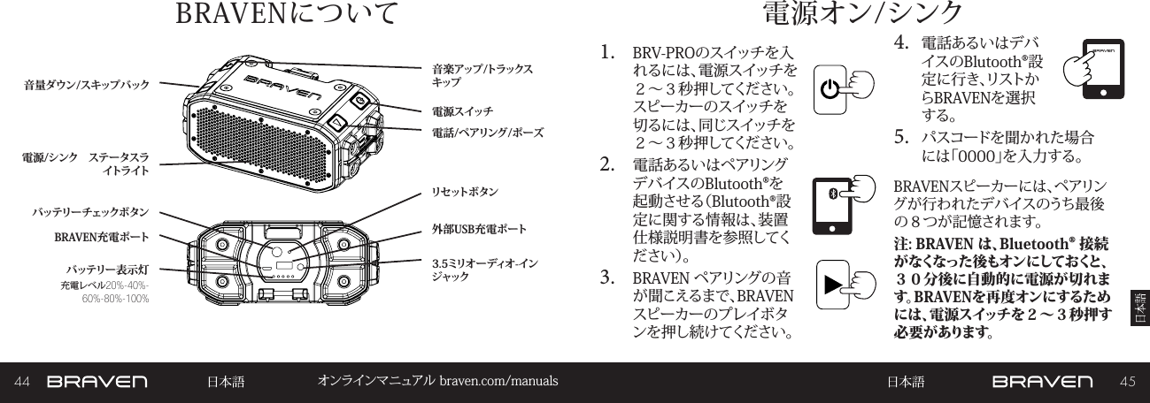 44 45オンラインマニュアル braven.com/manualsBRAVENについて 電 源 オン /シンク1.  BRV-PROのスイッチを入れるには、電源スイッチを２～３秒押してください。スピーカーのスイッチを切るには、同じスイッチを２～３秒押してください。2.  電話あるいはペアリングデバイスのBlutooth®を起動させる（Blutooth®設定に関する情報は、装置仕様説明書を参照してくだ さ い ）。3.  BRAVEN ペアリングの音が聞こえるまで、BRAVENスピーカーのプレイボタンを押し続けてください。 4.  電話あるいはデバイスのBlutooth®設定に行き、リストからBRAVENを選択する。5.  パスコードを聞かれた場合には「0000」を入力する。BRAVENスピーカーには、ペアリングが行われたデバイスのうち最後の８つが記憶されます。注: BRAVEN は、Bluetooth® 接続が なくなった 後もオン にしておくと、３０分後に自動的に電源が切れます。BRAVENを再度オンにするためには、電源スイッチを２～３秒押す必 要 が あ り ま す 。 バッテリー表示灯電 源 ス イッチバッテリー チェックボ タン電話/ペアリング/ポーズ電源 /シンク　ステータスライトライトBRAVEN充電ポート音 楽 アップ /トラックスキップ外部USB充電ポートリセットボタン音量ダウン/スキップバック3.5ミリオーディオ-インジャック充電レベル20%-40%-60%-80%-100%