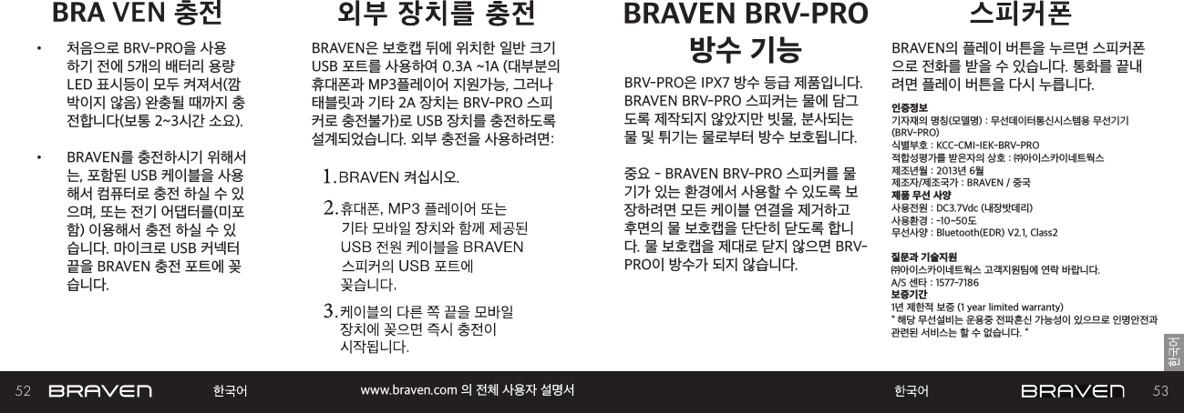 52 53www.braven.com 의 전체 사용자 설명서•  처음으로 BRV-PRO을 사용하기 전에 5개의 배터리 용량 LED 표시등이 모두 켜져서(깜박이지 않음) 완충될 때까지 충전합니다(보통 2~3시간 소요). •  BRAVEN를 충전하시기 위해서는, 포함된 USB 케이블을 사용해서 컴퓨터로 충전 하실 수 있으며, 또는 전기 어댑터를(미포함) 이용해서 충전 하실 수 있습니다. 마이크로 USB 커넥터 끝을 BRAVEN 충전 포트에 꽂습니다.BRAVEN은 보호캡 뒤에 위치한 일반 크기 USB 포트를 사용하여 0.3A ~1A (대부분의 휴대폰과 MP3플레이어 지원가능, 그러나  태블릿과 기타 2A 장치는 BRV-PRO 스피커로 충전불가)로 USB 장치를 충전하도록 설계되었습니다. 외부 충전을 사용하려면:BRAVEN의 플레이 버튼을 누르면 스피커폰으로 전화를 받을 수 있습니다. 통화를 끝내려면 플레이 버튼을 다시 누릅니다.인증정보기자재의 명칭(모델명) : 무선데이터통신시스템용 무선기기 (BRV-PRO)식별부호 : KCC-CMI-IEK-BRV-PRO적합성평가를 받은자의 상호 : ㈜아이스카이네트웍스제조년월 : 2013년 6월제조자/제조국가 : BRAVEN / 중국제품 무선 사양사용전원 : DC3.7Vdc (내장밧데리)사용환경 : -10~50도무선사양 : Bluetooth(EDR) V2.1, Class2질문과 기술지원㈜아이스카이네트웍스 고객지원팀에 연락 바랍니다.A/S 센타 : 1577-7186보증기간 1년 제한적 보증 (1 year limited warranty)“ 해당 무선설비는 운용중 전파혼신 가능성이 있으므로 인명안전과 관련된 서비스는 할 수 없습니다. “켜십시오.BRAVEN BRV-PRO  방수 기능VEN 충전BRABRV-PRO은 IPX7 방수 등급 제품입니다. BRAVEN BRV-PRO 스피커는 물에 담그도록 제작되지 않았지만 빗물, 분사되는 물 및 튀기는 물로부터 방수 보호됩니다.중요 - BRAVEN BRV-PRO 스피커를 물기가 있는 환경에서 사용할 수 있도록 보장하려면 모든 케이블 연결을 제거하고 후면의 물 보호캡을 단단히 닫도록 합니다. 물 보호캡을 제대로 닫지 않으면 BRV-PRO이 방수가 되지 않습니다.