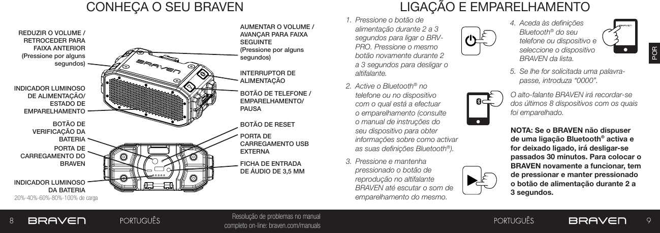 8 9PORResolução de problemas no manual completo on-line: braven.com/manualsCONHEÇA O SEU BRAVEN LIGAÇÃO E EMPARELHAMENTO1.  Pressione o botão de alimentação durante 2 a 3 segundos para ligar o BRV-PRO. Pressione o mesmo botão novamente durante 2 a 3 segundos para desligar o altifalante. 2.  Active o Bluetooth® no telefone ou no dispositivo com o qual está a efectuar o emparelhamento (consulte o manual de instruções do seu dispositivo para obter informações sobre como activar as suas definições Bluetooth®).3.  Pressione e mantenha pressionado o botão de reprodução no altifalante BRAVEN até escutar o som de emparelhamento do mesmo. 4.  Aceda às definições Bluetooth® do seu telefone ou dispositivo e seleccione o dispositivo BRAVEN da lista.5.  Se lhe for solicitada uma palavra-passe, introduza “0000”.O alto-falante BRAVEN irá recordar-se dos últimos 8 dispositivos com os quais foi emparelhado.NOTA: Se o BRAVEN não dispuser de uma ligação Bluetooth® activa e for deixado ligado, irá desligar-se passados 30 minutos. Para colocar o BRAVEN novamente a funcionar, tem de pressionar e manter pressionado o botão de alimentação durante 2 a 3 segundos.INDICADOR LUMINOSO DA BATERIAINTERRUPTOR DE ALIMENTAÇÃOBOTÃO DE VERIFICAÇÃO DA BATERIABOTÃO DE TELEFONE / EMPARELHAMENTO/PAUSAINDICADOR LUMINOSO DE ALIMENTAÇÃO/ESTADO DE EMPARELHAMENTOPORTA DE CARREGAMENTO DO BRAVENAUMENTAR O VOLUME /AVANÇAR PARA FAIXA SEGUINTE(Pressione por alguns segundos)PORTA DE CARREGAMENTO USB EXTERNA REDUZIR O VOLUME /RETROCEDER PARA FAIXA ANTERIOR (Pressione por alguns segundos)FICHA DE ENTRADA DE ÁUDIO DE 3,5 MM20%-40%-60%-80%-100% de cargaBOTÃO DE RESET 