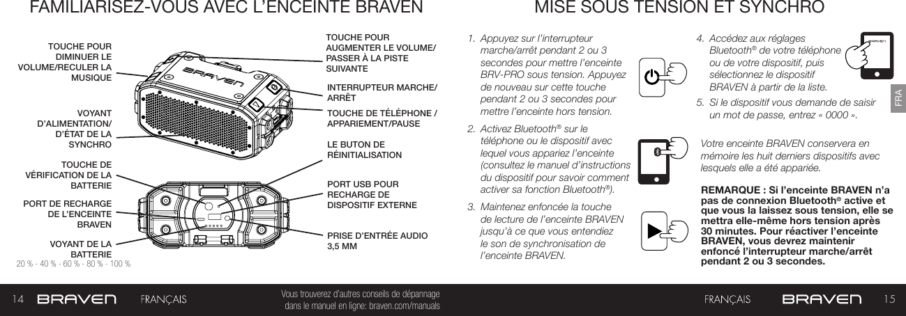 14 15FRAVous trouverez d’autres conseils de dépannage  dans le manuel en ligne: braven.com/manualsFAMILIARISEZ-VOUS AVEC L’ENCEINTE BRAVEN MISE SOUS TENSION ET SYNCHRO1.  Appuyez sur l’interrupteur marche/arrêt pendant 2 ou 3 secondes pour mettre l’enceinte BRV-PRO sous tension. Appuyez de nouveau sur cette touche pendant 2 ou 3 secondes pour mettre l’enceinte hors tension.2.  Activez Bluetooth® sur le téléphone ou le dispositif avec lequel vous appariez l’enceinte (consultez le manuel d’instructions du dispositif pour savoir comment activer sa fonction Bluetooth®).3.  Maintenez enfoncée la touche de lecture de l’enceinte BRAVEN jusqu’à ce que vous entendiez le son de synchronisation de l’enceinte BRAVEN. 4.  Accédez aux réglages Bluetooth® de votre téléphone ou de votre dispositif, puis sélectionnez le dispositif BRAVEN à partir de la liste. 5.  Si le dispositif vous demande de saisir un mot de passe, entrez « 0000 ». Votre enceinte BRAVEN conservera en mémoire les huit derniers dispositifs avec lesquels elle a été appariée. REMARQUE : Si l’enceinte BRAVEN n’a pas de connexion Bluetooth® active et que vous la laissez sous tension, elle se mettra elle-même hors tension après 30 minutes. Pour réactiver l’enceinte BRAVEN, vous devrez maintenir enfoncé l’interrupteur marche/arrêt pendant 2 ou 3 secondes. VOYANT DE LA BATTERIEINTERRUPTEUR MARCHE/ARRÊTTOUCHE DE VÉRIFICATION DE LA BATTERIE TOUCHE DE TÉLÉPHONE /APPARIEMENT/PAUSE VOYANT D’ALIMENTATION/D’ÉTAT DE LA SYNCHROPORT DE RECHARGE DE L’ENCEINTE BRAVEN TOUCHE POUR AUGMENTER LE VOLUME/PASSER À LA PISTE SUIVANTEPORT USB POUR RECHARGE DE DISPOSITIF EXTERNE TOUCHE POUR DIMINUER LE VOLUME/RECULER LA MUSIQUEPRISE D’ENTRÉE AUDIO 3,5 MM20 % - 40 % - 60 % - 80 % - 100 % LE BUTON DE RÉINITIALISATION