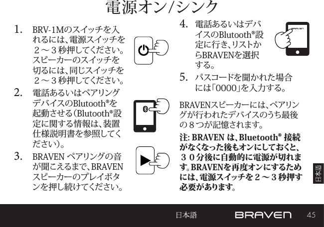 45電 源 オン /シンク1.  BRV-1Mのスイッチを入れるには、電源スイッチを２～３秒押してください。スピーカーのスイッチを切るには、同じスイッチを２～３秒押してください。2.  電話あるいはペアリングデバイスのBlutooth®を起動させる（Blutooth®設定に関する情報は、装置仕様説明書を参照してくだ さ い ）。3.  BRAVEN ペアリングの音が聞こえるまで、BRAVENスピーカーのプレイボタンを押し続けてください。 4.  電話あるいはデバイスのBlutooth®設定に行き、リストからBRAVENを選択する。5.  パスコードを聞かれた場合には「0000」を入力する。BRAVENスピーカーには、ペアリングが行われたデバイスのうち最後の８つが記憶されます。注: BRAVEN は、Bluetooth® 接続が なくなった 後もオン にしておくと、３０分後に自動的に電源が切れます。BRAVENを再度オンにするためには、電源スイッチを２～３秒押す必 要 が あ り ま す 。 