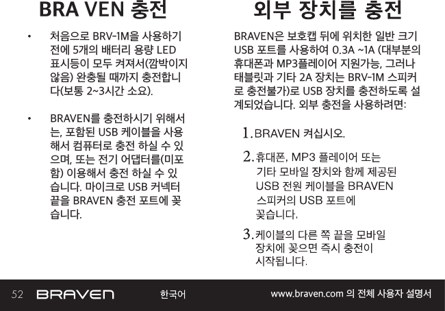 52 www.braven.com 의 전체 사용자 설명서•  처음으로 BRV-1M을 사용하기 전에 5개의 배터리 용량 LED 표시등이 모두 켜져서(깜박이지 않음) 완충될 때까지 충전합니다(보통 2~3시간 소요). •  BRAVEN를 충전하시기 위해서는, 포함된 USB 케이블을 사용해서 컴퓨터로 충전 하실 수 있으며, 또는 전기 어댑터를(미포함) 이용해서 충전 하실 수 있습니다. 마이크로 USB 커넥터 끝을 BRAVEN 충전 포트에 꽂습니다.BRAVEN은 보호캡 뒤에 위치한 일반 크기 USB 포트를 사용하여 0.3A ~1A (대부분의 휴대폰과 MP3플레이어 지원가능, 그러나  태블릿과 기타 2A 장치는 BRV-1M 스피커로 충전불가)로 USB 장치를 충전하도록 설계되었습니다. 외부 충전을 사용하려면:켜십시오.VEN 충전BRA