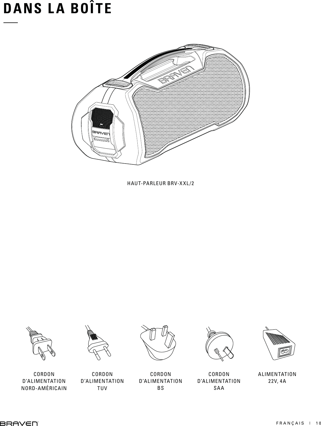 FRANÇAIS  |  10DANS LA BOÎTEHAUT-PARLEUR BRV-XXL/2CORDON D’ALIMENTATION NORD-AMÉRICAINCORDON D’ALIMENTATION TUVCORDON D’ALIMENTATION BSCORDON D’ALIMENTATION SAAALIMENTATION 22V, 4A