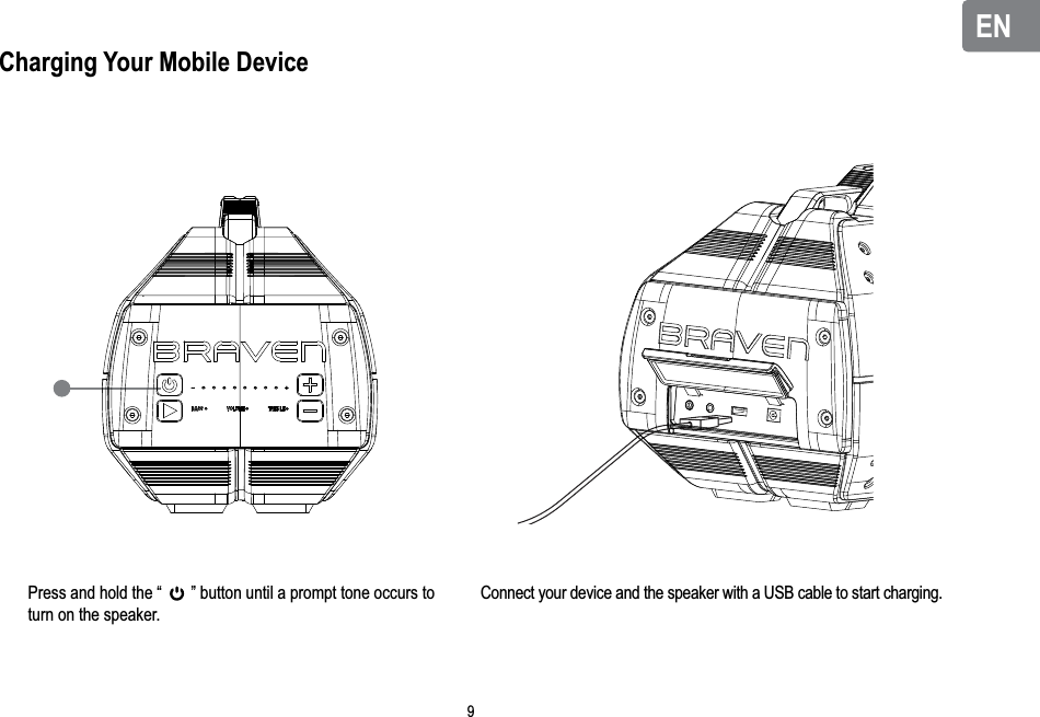 ENENCharging Your Mobile Device9Press and hold the “       ” button until a prompt tone occurs to turn on the speaker.Connect your device and the speaker with a USB cable to start charging.