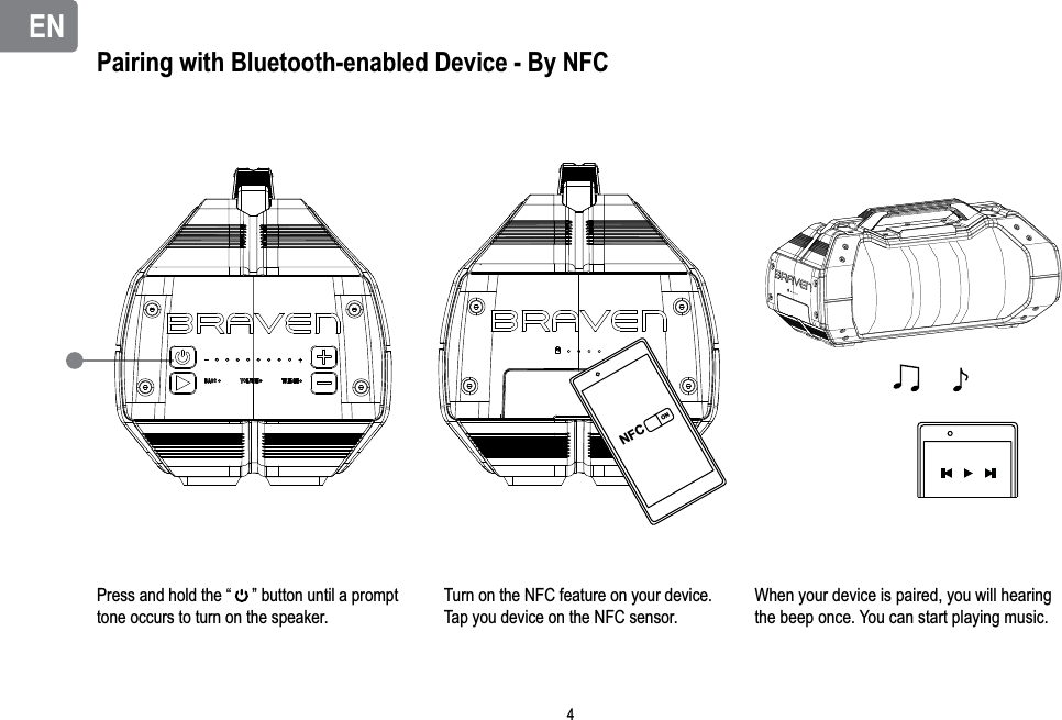 ENENPairing with Bluetooth-enabled Device - By NFCPress and hold the “     ” button until a prompt tone occurs to turn on the speaker.Turn on the NFC feature on your device.Tap you device on the NFC sensor.When your device is paired, you will hearing the beep once. You can start playing music.NFCON4