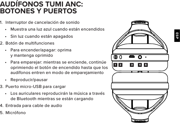 ESP1.  Interruptor de cancelación de sonido•  Muestra una luz azul cuando están encendidos•  Sin luz cuando están apagados2.  Botón de multifunciones•  Para encender/apagar: oprima y mantenga oprimido•  Para emparejar: mientras se enciende, continúe oprimiendo el botón de encendido hasta que los audífonos entren en modo de emparejamiento•  Reproducir/pausar3.  Puerto micro-USB para cargar•  Los auriculares reproducirán la música a través de Bluetooth mientras se están cargando4.  Entrada para cable de audio5.  MicrófonoAUDÍFONOS TUMI ANC: BOTONES Y PUERTOS1 2 3 4 5