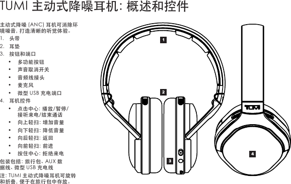 主动式降噪(ANC)耳机可消除环境噪音，打造清晰的听觉体验。1. 头带2. 耳垫3. 按钮和端口• 多功能按钮• 声音取消开关• 音频线接头• 麦克风• 微型USB充电端口4. 耳机控件• 点击中心：播放/暂停/接听来电/结束通话• 向 上 轻 扫 ：增 加 音 量• 向 下 轻 扫 ：降 低 音 量• 向 后 轻 扫 ：返 回• 向 前 轻 扫 ：前 进• 按 住 中 心 ：拒 绝 来 电包装包括：旅行包、AUX数据线、微型USB充电线注：TUMI主动式降噪耳机可旋转和 折 叠 ，便 于 在 旅 行 包 中 存 放 。1423TUMI主动式降噪耳机：概述和控件