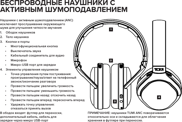 Наушники с активным шумоподавлением (ANC) исключают прослушивание окружающего шума для улучшения четкости звучания1.  Ободок наушников2.  Тело наушника3.  Кнопки и порты•  Многофункциональная кнопка•  Выключатель звука•  Кабельный соединитель для аудио•  Микрофон•  Микро-USB порт для зарядки4.  Элементы управления наушником•  Точка управления путем постукивания: проигрывание/пауза/ответ на телефонный звонок/окончание разговора•  Провести пальцем: увеличить громкость•  Провести пальцем: уменьшить громкость•  Провести пальцем назад: отскочить назад•  Провести пальцем вперед: перескочить вперед•  Удержать точку управления: отказаться принять вызовВ ободок входят: футляр для переноски, дополнительный кабель, кабель для зарядки через микро USB-порт1423    ПРИМЕЧАНИЕ: наушники TUMI ANC поворачиваются относительно оси и складываются для облегчения хранения в футляре при переноске.