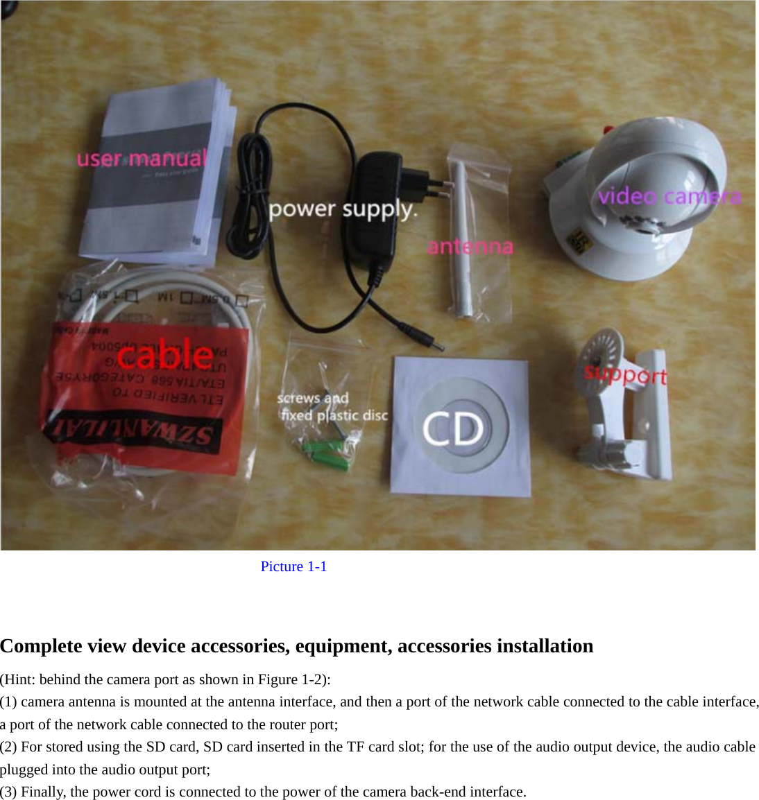                              Picture 1-1  Complete view device accessories, equipment, accessories installation   (Hint: behind the camera port as shown in Figure 1-2):   (1) camera antenna is mounted at the antenna interface, and then a port of the network cable connected to the cable interface, a port of the network cable connected to the router port;   (2) For stored using the SD card, SD card inserted in the TF card slot; for the use of the audio output device, the audio cable plugged into the audio output port;   (3) Finally, the power cord is connected to the power of the camera back-end interface. 