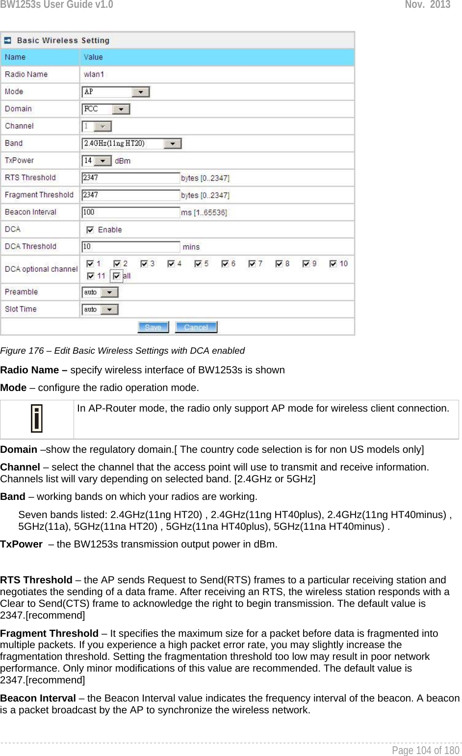 BW1253s User Guide v1.0  Nov.  2013     Page 104 of 180    Figure 176 – Edit Basic Wireless Settings with DCA enabled Radio Name – specify wireless interface of BW1253s is shown Mode – configure the radio operation mode.   In AP-Router mode, the radio only support AP mode for wireless client connection.Domain –show the regulatory domain.[ The country code selection is for non US models only] Channel – select the channel that the access point will use to transmit and receive information. Channels list will vary depending on selected band. [2.4GHz or 5GHz] Band – working bands on which your radios are working.  Seven bands listed: 2.4GHz(11ng HT20) , 2.4GHz(11ng HT40plus), 2.4GHz(11ng HT40minus) , 5GHz(11a), 5GHz(11na HT20) , 5GHz(11na HT40plus), 5GHz(11na HT40minus) . TxPower  – the BW1253s transmission output power in dBm.   RTS Threshold – the AP sends Request to Send(RTS) frames to a particular receiving station and negotiates the sending of a data frame. After receiving an RTS, the wireless station responds with a Clear to Send(CTS) frame to acknowledge the right to begin transmission. The default value is 2347.[recommend] Fragment Threshold – It specifies the maximum size for a packet before data is fragmented into multiple packets. If you experience a high packet error rate, you may slightly increase the fragmentation threshold. Setting the fragmentation threshold too low may result in poor network performance. Only minor modifications of this value are recommended. The default value is 2347.[recommend] Beacon Interval – the Beacon Interval value indicates the frequency interval of the beacon. A beacon is a packet broadcast by the AP to synchronize the wireless network. 