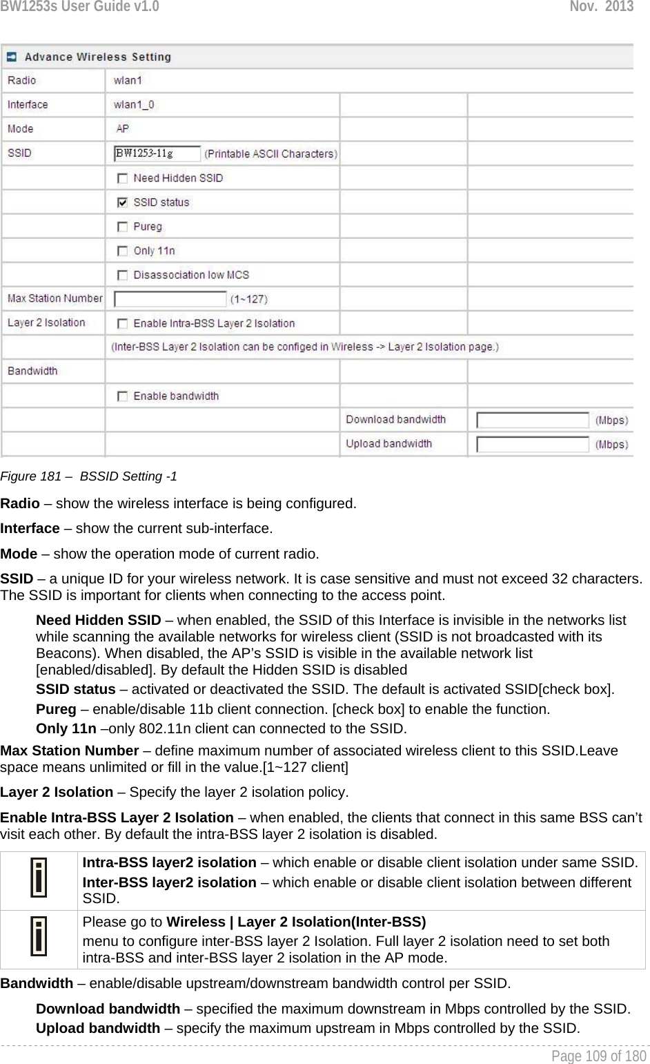 BW1253s User Guide v1.0  Nov.  2013     Page 109 of 180    Figure 181 –  BSSID Setting -1 Radio – show the wireless interface is being configured. Interface – show the current sub-interface. Mode – show the operation mode of current radio. SSID – a unique ID for your wireless network. It is case sensitive and must not exceed 32 characters. The SSID is important for clients when connecting to the access point.  Need Hidden SSID – when enabled, the SSID of this Interface is invisible in the networks list while scanning the available networks for wireless client (SSID is not broadcasted with its Beacons). When disabled, the AP’s SSID is visible in the available network list [enabled/disabled]. By default the Hidden SSID is disabled SSID status – activated or deactivated the SSID. The default is activated SSID[check box]. Pureg – enable/disable 11b client connection. [check box] to enable the function. Only 11n –only 802.11n client can connected to the SSID. Max Station Number – define maximum number of associated wireless client to this SSID.Leave space means unlimited or fill in the value.[1~127 client] Layer 2 Isolation – Specify the layer 2 isolation policy. Enable Intra-BSS Layer 2 Isolation – when enabled, the clients that connect in this same BSS can’t visit each other. By default the intra-BSS layer 2 isolation is disabled.  Intra-BSS layer2 isolation – which enable or disable client isolation under same SSID.Inter-BSS layer2 isolation – which enable or disable client isolation between different SSID.  Please go to Wireless | Layer 2 Isolation(Inter-BSS) menu to configure inter-BSS layer 2 Isolation. Full layer 2 isolation need to set both intra-BSS and inter-BSS layer 2 isolation in the AP mode. Bandwidth – enable/disable upstream/downstream bandwidth control per SSID. Download bandwidth – specified the maximum downstream in Mbps controlled by the SSID. Upload bandwidth – specify the maximum upstream in Mbps controlled by the SSID. 