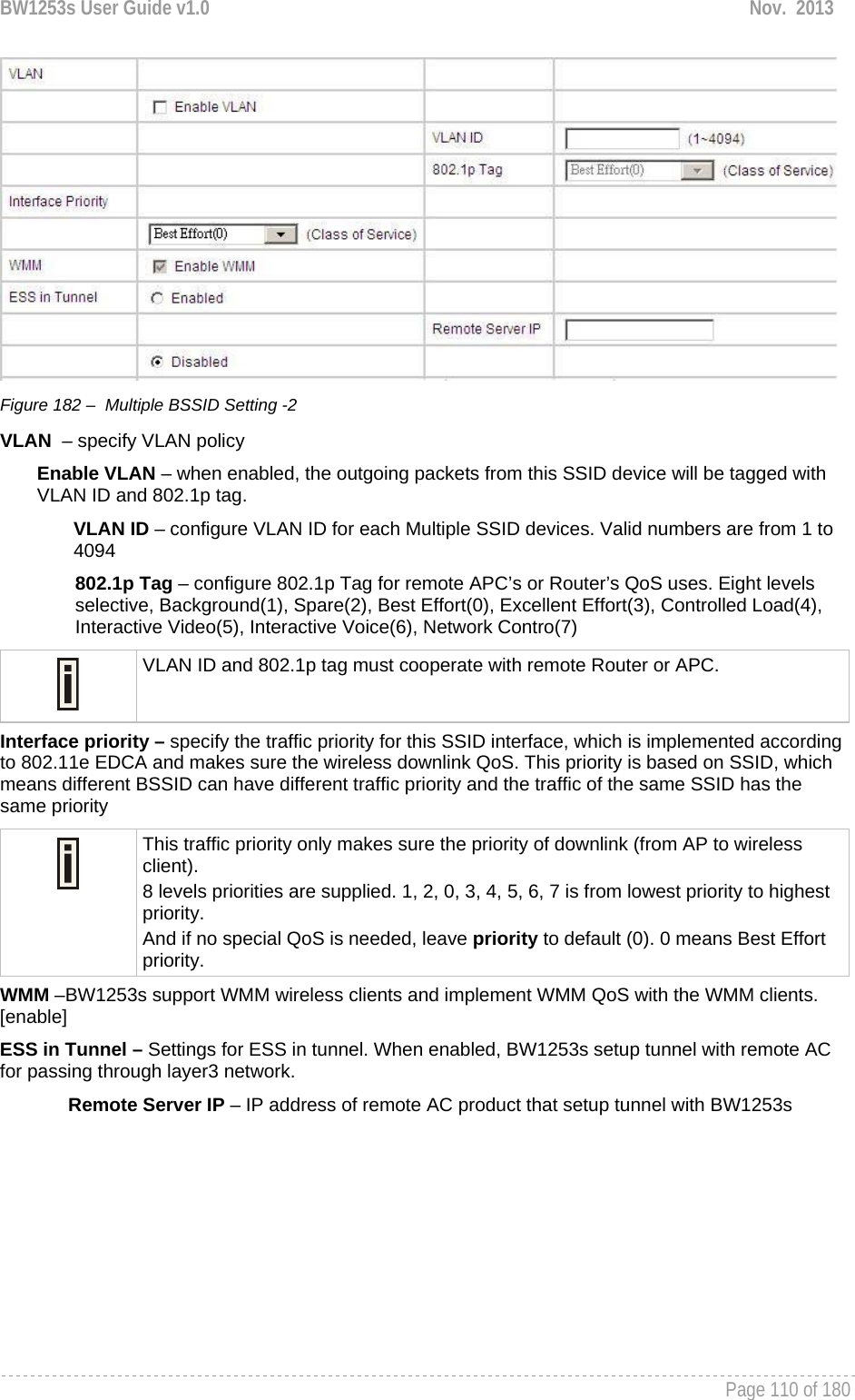 BW1253s User Guide v1.0  Nov.  2013     Page 110 of 180    Figure 182 –  Multiple BSSID Setting -2 VLAN  – specify VLAN policy  Enable VLAN – when enabled, the outgoing packets from this SSID device will be tagged with VLAN ID and 802.1p tag.  VLAN ID – configure VLAN ID for each Multiple SSID devices. Valid numbers are from 1 to 4094 802.1p Tag – configure 802.1p Tag for remote APC’s or Router’s QoS uses. Eight levels selective, Background(1), Spare(2), Best Effort(0), Excellent Effort(3), Controlled Load(4), Interactive Video(5), Interactive Voice(6), Network Contro(7)  VLAN ID and 802.1p tag must cooperate with remote Router or APC.  Interface priority – specify the traffic priority for this SSID interface, which is implemented according to 802.11e EDCA and makes sure the wireless downlink QoS. This priority is based on SSID, which means different BSSID can have different traffic priority and the traffic of the same SSID has the same priority  This traffic priority only makes sure the priority of downlink (from AP to wireless client). 8 levels priorities are supplied. 1, 2, 0, 3, 4, 5, 6, 7 is from lowest priority to highest priority.  And if no special QoS is needed, leave priority to default (0). 0 means Best Effort priority.  WMM –BW1253s support WMM wireless clients and implement WMM QoS with the WMM clients. [enable] ESS in Tunnel – Settings for ESS in tunnel. When enabled, BW1253s setup tunnel with remote AC for passing through layer3 network.  Remote Server IP – IP address of remote AC product that setup tunnel with BW1253s 