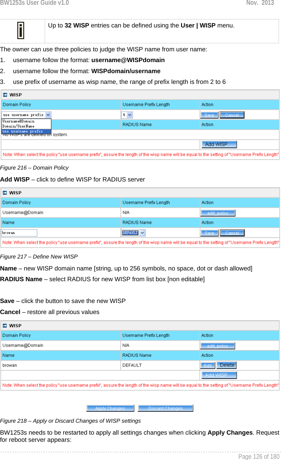 BW1253s User Guide v1.0  Nov.  2013     Page 126 of 180    Up to 32 WISP entries can be defined using the User | WISP menu. The owner can use three policies to judge the WISP name from user name: 1.  username follow the format: username@WISPdomain 2.  username follow the format: WISPdomain/username 3.  use prefix of username as wisp name, the range of prefix length is from 2 to 6  Figure 216 – Domain Policy Add WISP – click to define WISP for RADIUS server  Figure 217 – Define New WISP Name – new WISP domain name [string, up to 256 symbols, no space, dot or dash allowed] RADIUS Name – select RADIUS for new WISP from list box [non editable]  Save – click the button to save the new WISP Cancel – restore all previous values  Figure 218 – Apply or Discard Changes of WISP settings BW1253s needs to be restarted to apply all settings changes when clicking Apply Changes. Request for reboot server appears: 