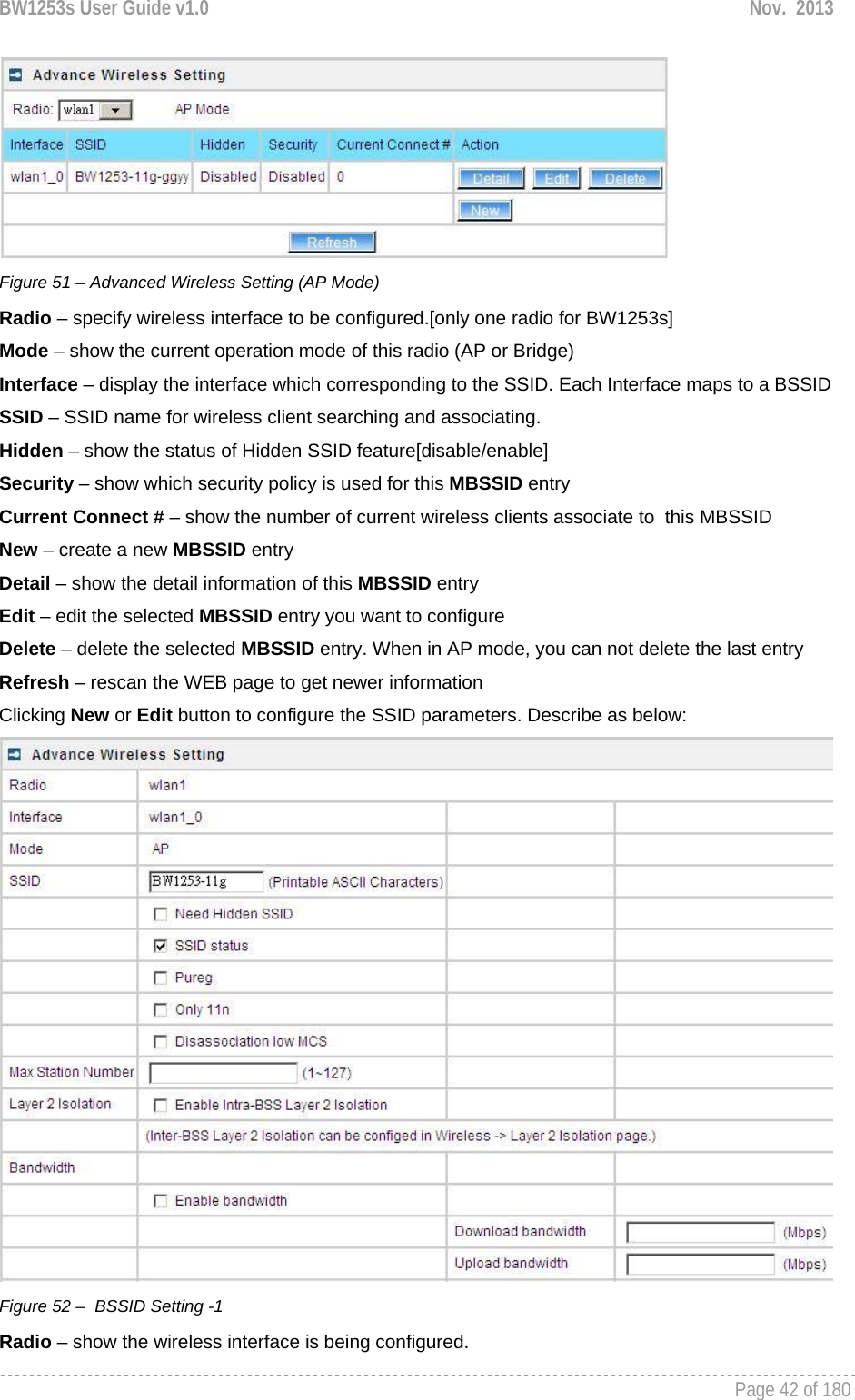 BW1253s User Guide v1.0  Nov.  2013     Page 42 of 180    Figure 51 – Advanced Wireless Setting (AP Mode) Radio – specify wireless interface to be configured.[only one radio for BW1253s] Mode – show the current operation mode of this radio (AP or Bridge) Interface – display the interface which corresponding to the SSID. Each Interface maps to a BSSID SSID – SSID name for wireless client searching and associating. Hidden – show the status of Hidden SSID feature[disable/enable] Security – show which security policy is used for this MBSSID entry Current Connect # – show the number of current wireless clients associate to  this MBSSID New – create a new MBSSID entry Detail – show the detail information of this MBSSID entry Edit – edit the selected MBSSID entry you want to configure Delete – delete the selected MBSSID entry. When in AP mode, you can not delete the last entry Refresh – rescan the WEB page to get newer information Clicking New or Edit button to configure the SSID parameters. Describe as below:   Figure 52 –  BSSID Setting -1 Radio – show the wireless interface is being configured. 