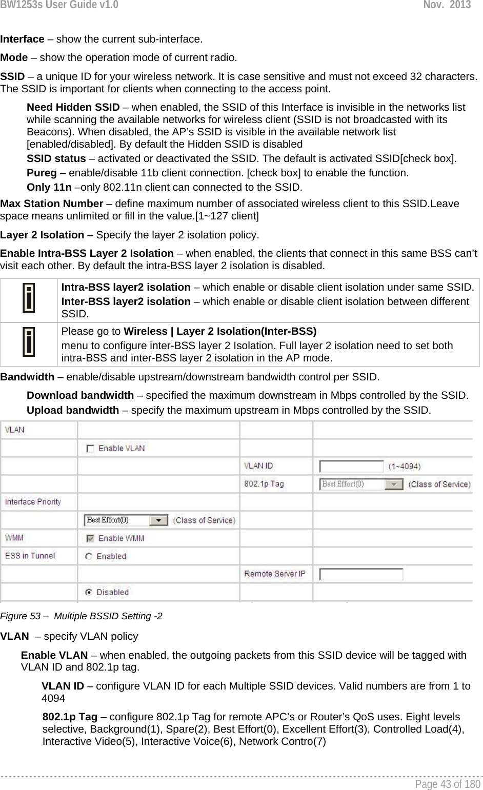 BW1253s User Guide v1.0  Nov.  2013     Page 43 of 180   Interface – show the current sub-interface. Mode – show the operation mode of current radio. SSID – a unique ID for your wireless network. It is case sensitive and must not exceed 32 characters. The SSID is important for clients when connecting to the access point.  Need Hidden SSID – when enabled, the SSID of this Interface is invisible in the networks list while scanning the available networks for wireless client (SSID is not broadcasted with its Beacons). When disabled, the AP’s SSID is visible in the available network list [enabled/disabled]. By default the Hidden SSID is disabled SSID status – activated or deactivated the SSID. The default is activated SSID[check box]. Pureg – enable/disable 11b client connection. [check box] to enable the function. Only 11n –only 802.11n client can connected to the SSID. Max Station Number – define maximum number of associated wireless client to this SSID.Leave space means unlimited or fill in the value.[1~127 client] Layer 2 Isolation – Specify the layer 2 isolation policy. Enable Intra-BSS Layer 2 Isolation – when enabled, the clients that connect in this same BSS can’t visit each other. By default the intra-BSS layer 2 isolation is disabled.  Intra-BSS layer2 isolation – which enable or disable client isolation under same SSID.Inter-BSS layer2 isolation – which enable or disable client isolation between different SSID.  Please go to Wireless | Layer 2 Isolation(Inter-BSS) menu to configure inter-BSS layer 2 Isolation. Full layer 2 isolation need to set both intra-BSS and inter-BSS layer 2 isolation in the AP mode. Bandwidth – enable/disable upstream/downstream bandwidth control per SSID. Download bandwidth – specified the maximum downstream in Mbps controlled by the SSID. Upload bandwidth – specify the maximum upstream in Mbps controlled by the SSID.  Figure 53 –  Multiple BSSID Setting -2 VLAN  – specify VLAN policy  Enable VLAN – when enabled, the outgoing packets from this SSID device will be tagged with VLAN ID and 802.1p tag.  VLAN ID – configure VLAN ID for each Multiple SSID devices. Valid numbers are from 1 to 4094 802.1p Tag – configure 802.1p Tag for remote APC’s or Router’s QoS uses. Eight levels selective, Background(1), Spare(2), Best Effort(0), Excellent Effort(3), Controlled Load(4), Interactive Video(5), Interactive Voice(6), Network Contro(7) 