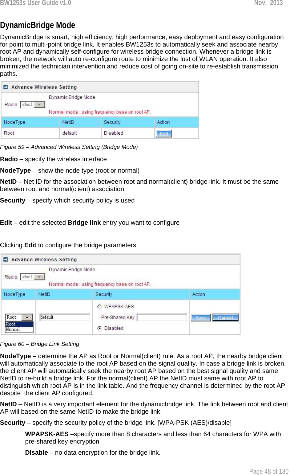 BW1253s User Guide v1.0  Nov.  2013     Page 48 of 180   DynamicBridge Mode DynamicBridge is smart, high efficiency, high performance, easy deployment and easy configuration for point to multi-point bridge link. It enables BW1253s to automatically seek and associate nearby root AP and dynamically self-configure for wireless bridge connection. Whenever a bridge link is broken, the network will auto re-configure route to minimize the lost of WLAN operation. It also minimized the technician intervention and reduce cost of going on-site to re-establish transmission paths.  Figure 59 – Advanced Wireless Setting (Bridge Mode) Radio – specify the wireless interface NodeType – show the node type (root or normal) NetID – Net ID for the association between root and normal(client) bridge link. It must be the same between root and normal(client) association. Security – specify which security policy is used  Edit – edit the selected Bridge link entry you want to configure  Clicking Edit to configure the bridge parameters.  Figure 60 – Bridge Link Setting NodeType – determine the AP as Root or Normal(client) rule. As a root AP, the nearby bridge client will automatically associate to the root AP based on the signal quality. In case a bridge link is broken, the client AP will automatically seek the nearby root AP based on the best signal quality and same NetID to re-build a bridge link. For the normal(client) AP the NetID must same with root AP to distinguish which root AP is in the link table. And the frequency channel is determined by the root AP despite  the client AP configured. NetID – NetID is a very important element for the dynamicbridge link. The link between root and client AP will based on the same NetID to make the bridge link. Security – specify the security policy of the bridge link. [WPA-PSK (AES)/disable]  WPAPSK-AES –specify more than 8 characters and less than 64 characters for WPA with pre-shared key encryption Disable – no data encryption for the bridge link. 