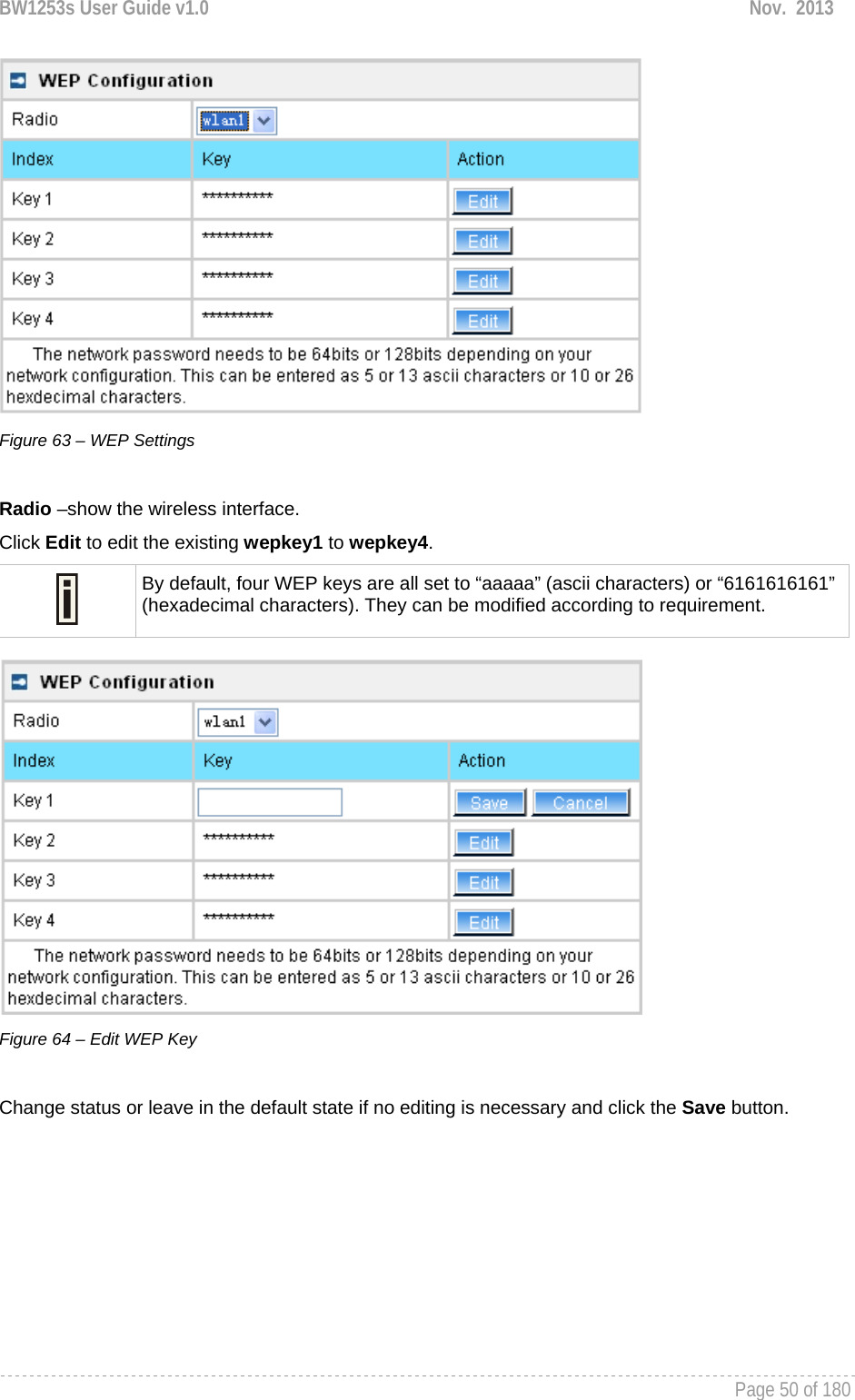 BW1253s User Guide v1.0  Nov.  2013     Page 50 of 180    Figure 63 – WEP Settings  Radio –show the wireless interface. Click Edit to edit the existing wepkey1 to wepkey4.   By default, four WEP keys are all set to “aaaaa” (ascii characters) or “6161616161” (hexadecimal characters). They can be modified according to requirement.    Figure 64 – Edit WEP Key  Change status or leave in the default state if no editing is necessary and click the Save button.  