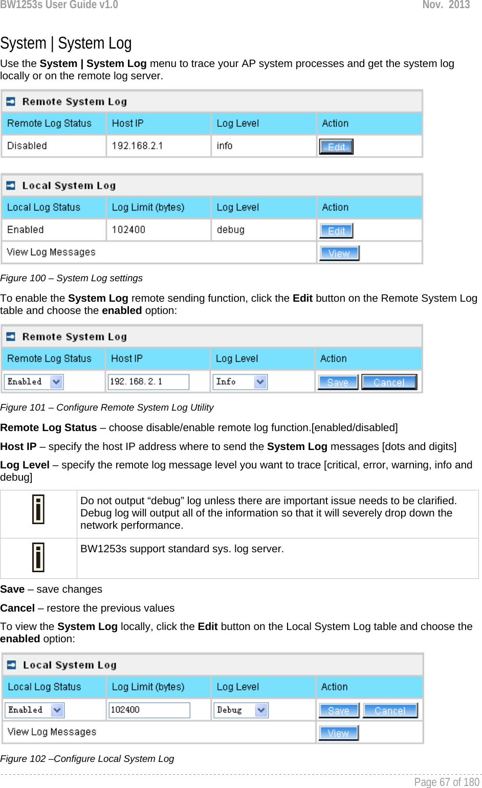 BW1253s User Guide v1.0  Nov.  2013     Page 67 of 180   System | System Log Use the System | System Log menu to trace your AP system processes and get the system log locally or on the remote log server.   Figure 100 – System Log settings To enable the System Log remote sending function, click the Edit button on the Remote System Log table and choose the enabled option:  Figure 101 – Configure Remote System Log Utility Remote Log Status – choose disable/enable remote log function.[enabled/disabled] Host IP – specify the host IP address where to send the System Log messages [dots and digits] Log Level – specify the remote log message level you want to trace [critical, error, warning, info and debug]  Do not output “debug” log unless there are important issue needs to be clarified. Debug log will output all of the information so that it will severely drop down the network performance.  BW1253s support standard sys. log server. Save – save changes Cancel – restore the previous values To view the System Log locally, click the Edit button on the Local System Log table and choose the enabled option:  Figure 102 –Configure Local System Log 