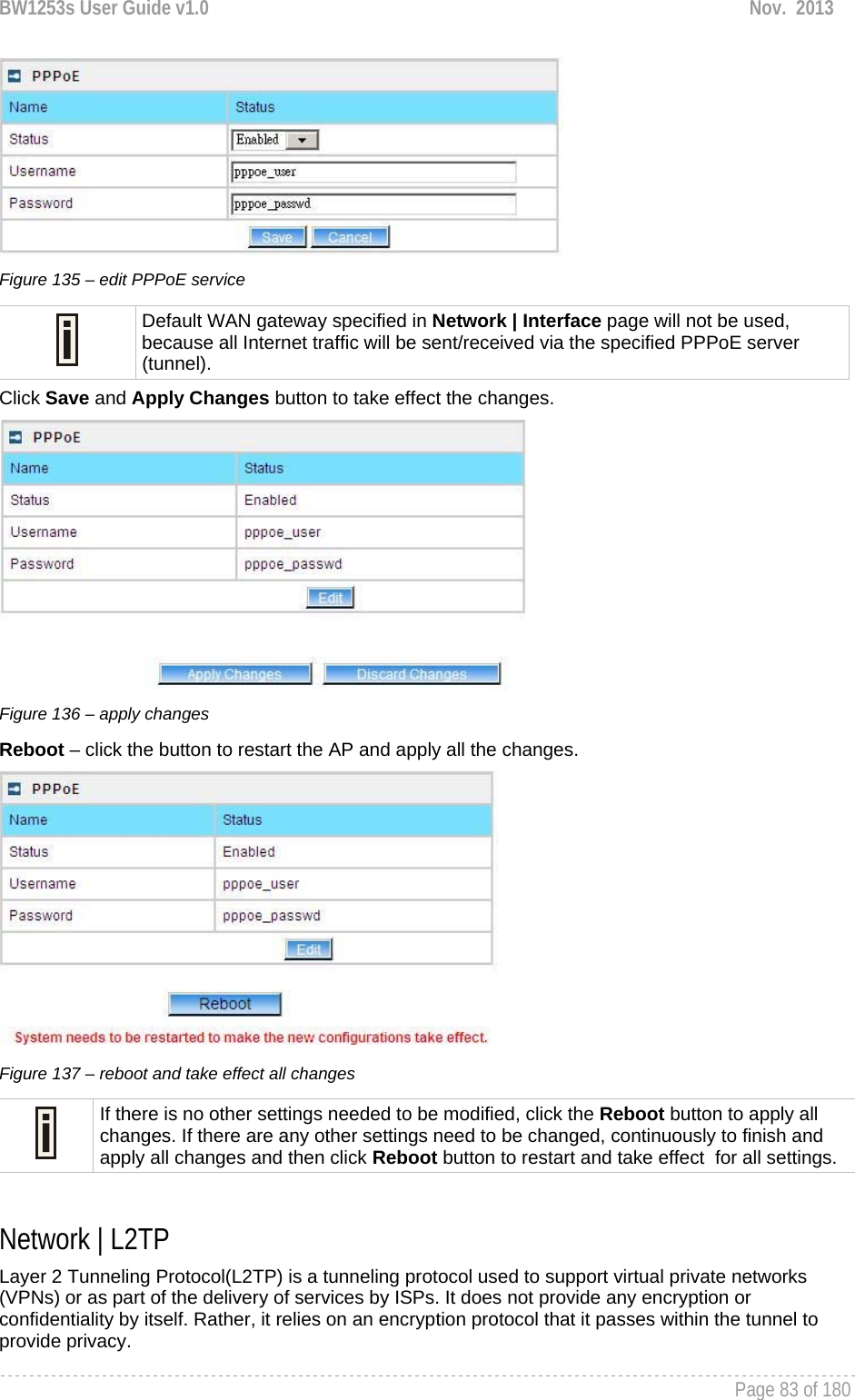 BW1253s User Guide v1.0  Nov.  2013     Page 83 of 180    Figure 135 – edit PPPoE service  Default WAN gateway specified in Network | Interface page will not be used, because all Internet traffic will be sent/received via the specified PPPoE server (tunnel). Click Save and Apply Changes button to take effect the changes.  Figure 136 – apply changes Reboot – click the button to restart the AP and apply all the changes.  Figure 137 – reboot and take effect all changes  If there is no other settings needed to be modified, click the Reboot button to apply all changes. If there are any other settings need to be changed, continuously to finish and apply all changes and then click Reboot button to restart and take effect  for all settings.  Network | L2TP Layer 2 Tunneling Protocol(L2TP) is a tunneling protocol used to support virtual private networks (VPNs) or as part of the delivery of services by ISPs. It does not provide any encryption or confidentiality by itself. Rather, it relies on an encryption protocol that it passes within the tunnel to provide privacy. 