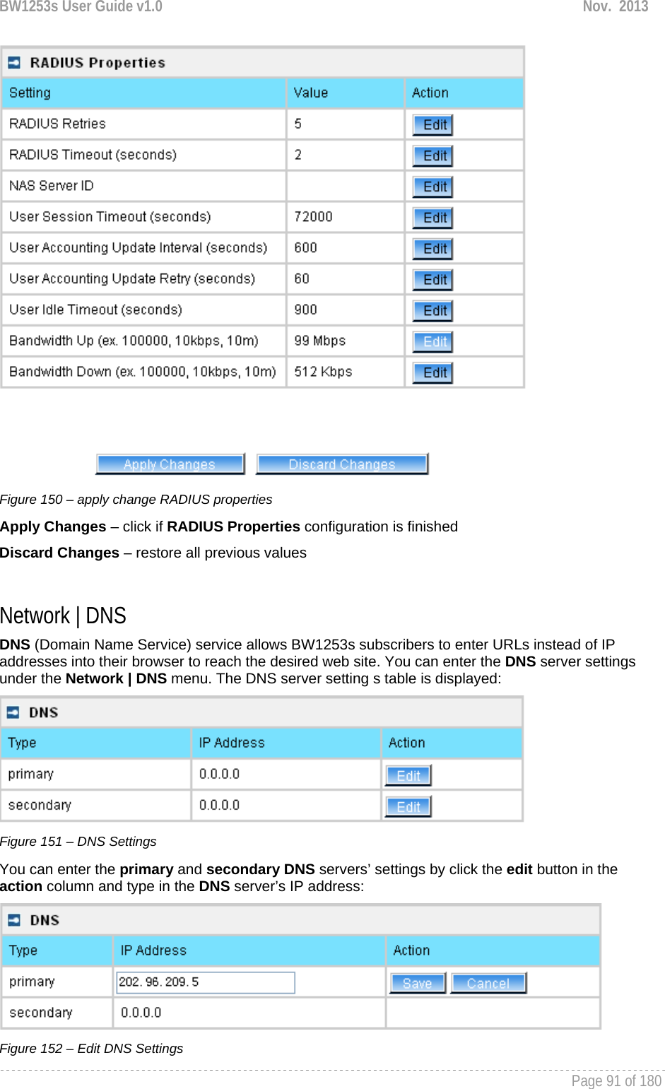 BW1253s User Guide v1.0  Nov.  2013     Page 91 of 180    Figure 150 – apply change RADIUS properties Apply Changes – click if RADIUS Properties configuration is finished Discard Changes – restore all previous values  Network | DNS DNS (Domain Name Service) service allows BW1253s subscribers to enter URLs instead of IP addresses into their browser to reach the desired web site. You can enter the DNS server settings under the Network | DNS menu. The DNS server setting s table is displayed:  Figure 151 – DNS Settings You can enter the primary and secondary DNS servers’ settings by click the edit button in the action column and type in the DNS server’s IP address:  Figure 152 – Edit DNS Settings 