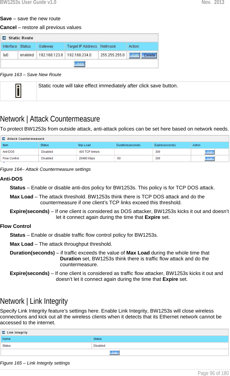 BW1253s User Guide v1.0  Nov.  2013     Page 96 of 180   Save – save the new route Cancel – restore all previous values  Figure 163 – Save New Route  Static route will take effect immediately after click save button.  Network | Attack Countermeasure To protect BW1253s from outside attack, anti-attack polices can be set here based on network needs.   Figure 164– Attack Countermeasure settings Anti-DOS         Status – Enable or disable anti-dos policy for BW1253s. This policy is for TCP DOS attack.        Max Load – The attack threshold. BW1253s think there is TCP DOS attack and do the             countermeasure if one client’s TCP links exceed this threshold.         Expire(seconds) – If one client is considered as DOS attacker, BW1253s kicks it out and doesn’t let it connect again during the time that Expire set.  Flow Control         Status – Enable or disable traffic flow control policy for BW1253s.         Max Load – The attack throughput threshold.         Duration(seconds) – if traffic exceeds the value of Max Load during the whole time that                      Duration set, BW1253s think there is traffic flow attack and do the                      countermeasure.        Expire(seconds) – If one client is considered as traffic flow attacker, BW1253s kicks it out and doesn’t let it connect again during the time that Expire set.   Network | Link Integrity Specify Link Integrity feature’s settings here. Enable Link Integrity, BW1253s will close wireless connections and kick out all the wireless clients when it detects that its Ethernet network cannot be accessed to the internet.  Figure 165 – Link Integrity settings 