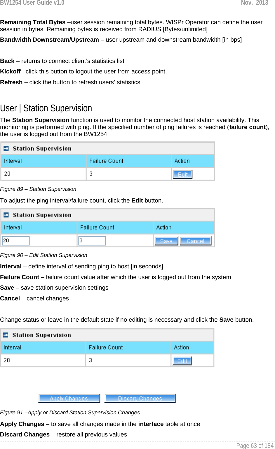 BW1254 User Guide v1.0  Nov.  2013     Page 63 of 184   Remaining Total Bytes –user session remaining total bytes. WISPr Operator can define the user session in bytes. Remaining bytes is received from RADIUS [Bytes/unlimited] Bandwidth Downstream/Upstream – user upstream and downstream bandwidth [in bps]  Back – returns to connect client’s statistics list Kickoff –click this button to logout the user from access point. Refresh – click the button to refresh users’ statistics  User | Station Supervision The Station Supervision function is used to monitor the connected host station availability. This monitoring is performed with ping. If the specified number of ping failures is reached (failure count), the user is logged out from the BW1254.  Figure 89 – Station Supervision To adjust the ping interval/failure count, click the Edit button.  Figure 90 – Edit Station Supervision Interval – define interval of sending ping to host [in seconds] Failure Count – failure count value after which the user is logged out from the system Save – save station supervision settings Cancel – cancel changes  Change status or leave in the default state if no editing is necessary and click the Save button.   Figure 91 –Apply or Discard Station Supervision Changes Apply Changes – to save all changes made in the interface table at once Discard Changes – restore all previous values 