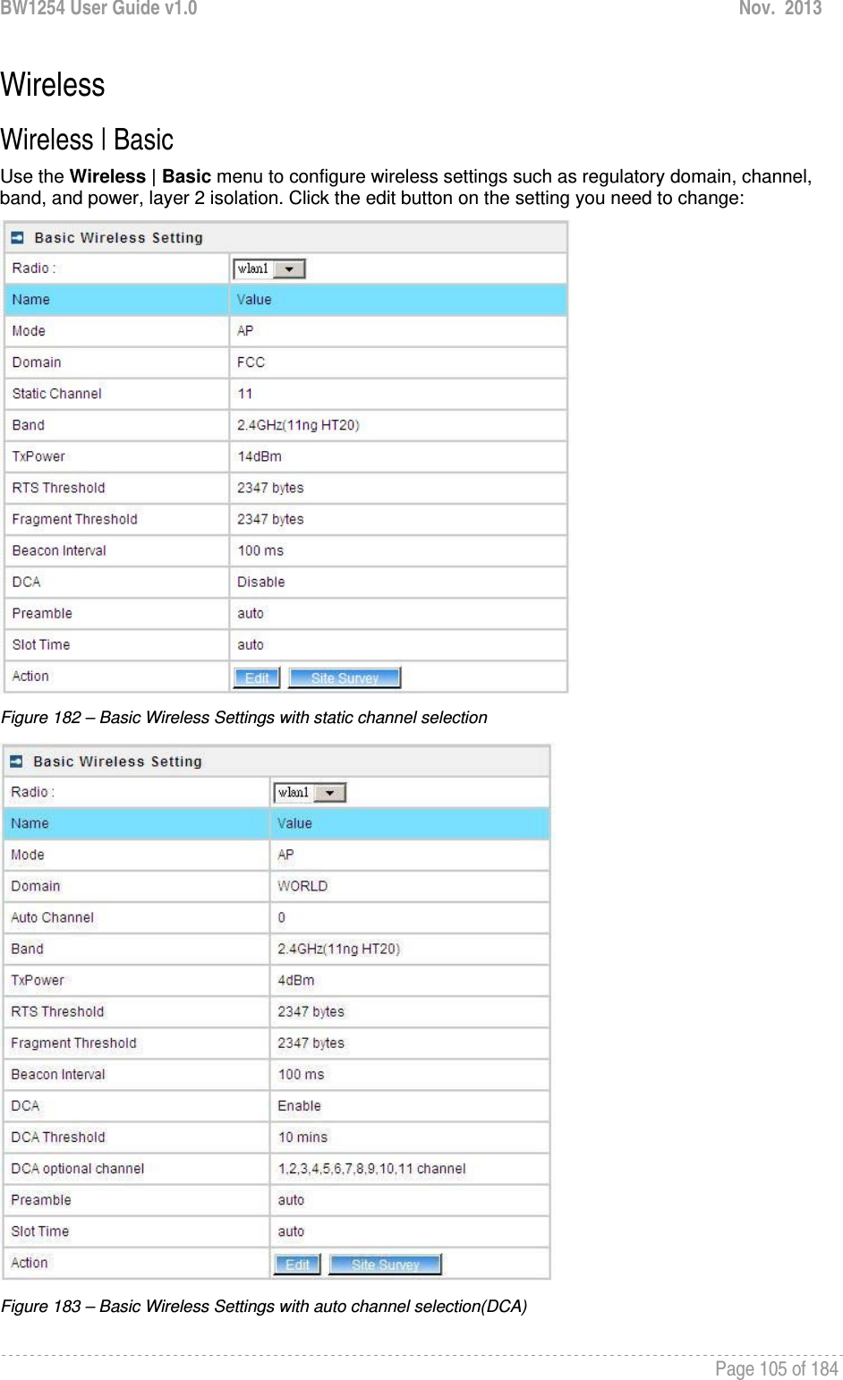 BW1254 User Guide v1.0  Nov.  2013     Page 105 of 184   Wireless Wireless | Basic  Use the Wireless | Basic menu to configure wireless settings such as regulatory domain, channel, band, and power, layer 2 isolation. Click the edit button on the setting you need to change:  Figure 182 – Basic Wireless Settings with static channel selection  Figure 183 – Basic Wireless Settings with auto channel selection(DCA)  