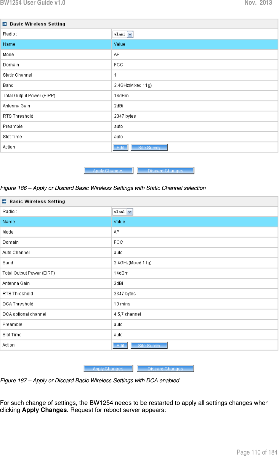 BW1254 User Guide v1.0  Nov.  2013     Page 110 of 184    Figure 186 – Apply or Discard Basic Wireless Settings with Static Channel selection  Figure 187 – Apply or Discard Basic Wireless Settings with DCA enabled  For such change of settings, the BW1254 needs to be restarted to apply all settings changes when clicking Apply Changes. Request for reboot server appears: 