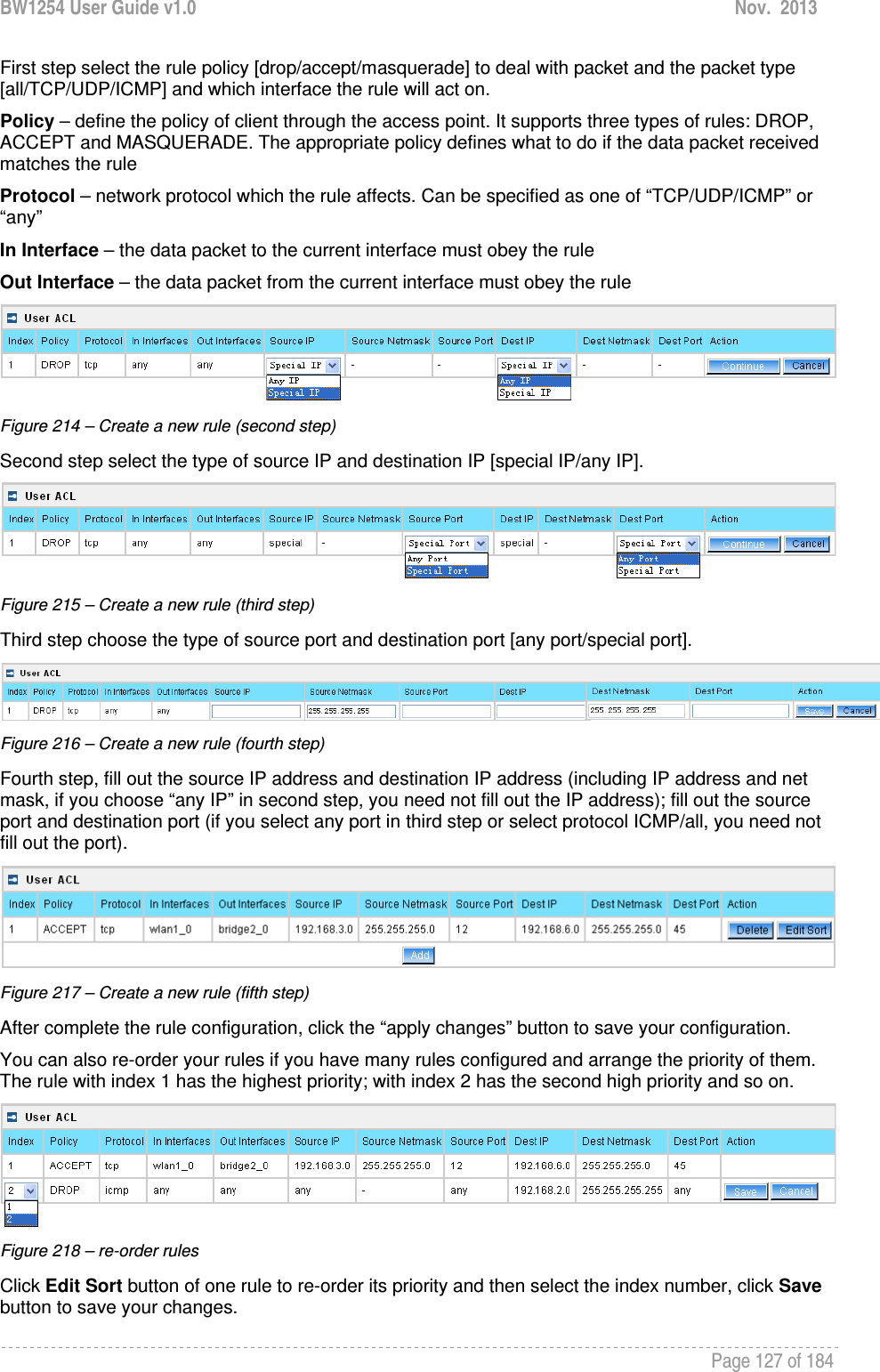 BW1254 User Guide v1.0  Nov.  2013     Page 127 of 184   First step select the rule policy [drop/accept/masquerade] to deal with packet and the packet type [all/TCP/UDP/ICMP] and which interface the rule will act on. Policy – define the policy of client through the access point. It supports three types of rules: DROP, ACCEPT and MASQUERADE. The appropriate policy defines what to do if the data packet received matches the rule Protocol – network protocol which the rule affects. Can be specified as one of “TCP/UDP/ICMP” or “any” In Interface – the data packet to the current interface must obey the rule Out Interface – the data packet from the current interface must obey the rule  Figure 214 – Create a new rule (second step) Second step select the type of source IP and destination IP [special IP/any IP].  Figure 215 – Create a new rule (third step) Third step choose the type of source port and destination port [any port/special port].   Figure 216 – Create a new rule (fourth step) Fourth step, fill out the source IP address and destination IP address (including IP address and net mask, if you choose “any IP” in second step, you need not fill out the IP address); fill out the source port and destination port (if you select any port in third step or select protocol ICMP/all, you need not fill out the port).  Figure 217 – Create a new rule (fifth step) After complete the rule configuration, click the “apply changes” button to save your configuration. You can also re-order your rules if you have many rules configured and arrange the priority of them. The rule with index 1 has the highest priority; with index 2 has the second high priority and so on.  Figure 218 – re-order rules Click Edit Sort button of one rule to re-order its priority and then select the index number, click Save button to save your changes. 