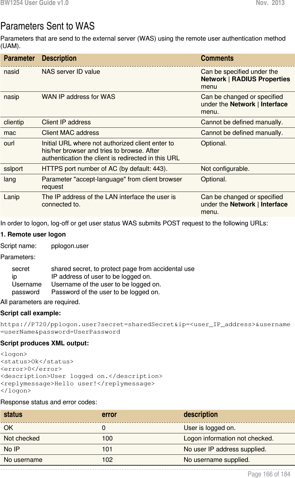 BW1254 User Guide v1.0  Nov.  2013     Page 166 of 184   Parameters Sent to WAS Parameters that are send to the external server (WAS) using the remote user authentication method (UAM).  Parameter  Description  Comments nasid  NAS server ID value  Can be specified under the Network | RADIUS Properties menu nasip  WAN IP address for WAS  Can be changed or specified under the Network | Interface menu. clientip  Client IP address  Cannot be defined manually. mac  Client MAC address  Cannot be defined manually. ourl  Initial URL where not authorized client enter to his/her browser and tries to browse. After authentication the client is redirected in this URL Optional. sslport  HTTPS port number of AC (by default: 443).  Not configurable. lang  Parameter &quot;accept-language&quot; from client browser request  Optional. Lanip  The IP address of the LAN interface the user is connected to.  Can be changed or specified under the Network | Interface menu. In order to logon, log-off or get user status WAS submits POST request to the following URLs: 1. Remote user logon  Script name:        pplogon.user Parameters: secret       shared secret, to protect page from accidental use ip         IP address of user to be logged on. Username      Username of the user to be logged on. password       Password of the user to be logged on. All parameters are required. Script call example: https://P720/pplogon.user?secret=sharedSecret&amp;ip=&lt;user_IP_address&gt;&amp;username=userName&amp;password=UserPassword Script produces XML output: &lt;logon&gt;  &lt;status&gt;Ok&lt;/status&gt;  &lt;error&gt;0&lt;/error&gt;  &lt;description&gt;User logged on.&lt;/description&gt;  &lt;replymessage&gt;Hello user!&lt;/replymessage&gt;  &lt;/logon&gt;  Response status and error codes: status  error  description OK  0  User is logged on. Not checked  100  Logon information not checked. No IP   101  No user IP address supplied. No username  102  No username supplied. 