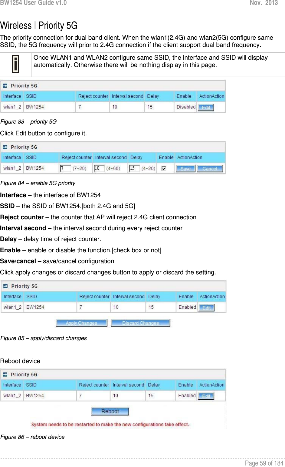 BW1254 User Guide v1.0  Nov.  2013     Page 59 of 184   Wireless | Priority 5G The priority connection for dual band client. When the wlan1(2.4G) and wlan2(5G) configure same SSID, the 5G frequency will prior to 2.4G connection if the client support dual band frequency.   Once WLAN1 and WLAN2 configure same SSID, the interface and SSID will display automatically. Otherwise there will be nothing display in this page.  Figure 83 – priority 5G Click Edit button to configure it.  Figure 84 – enable 5G priority Interface – the interface of BW1254 SSID – the SSID of BW1254.[both 2.4G and 5G] Reject counter – the counter that AP will reject 2.4G client connection  Interval second – the interval second during every reject counter Delay – delay time of reject counter. Enable – enable or disable the function.[check box or not] Save/cancel – save/cancel configuration Click apply changes or discard changes button to apply or discard the setting.  Figure 85 – apply/discard changes  Reboot device  Figure 86 – reboot device 