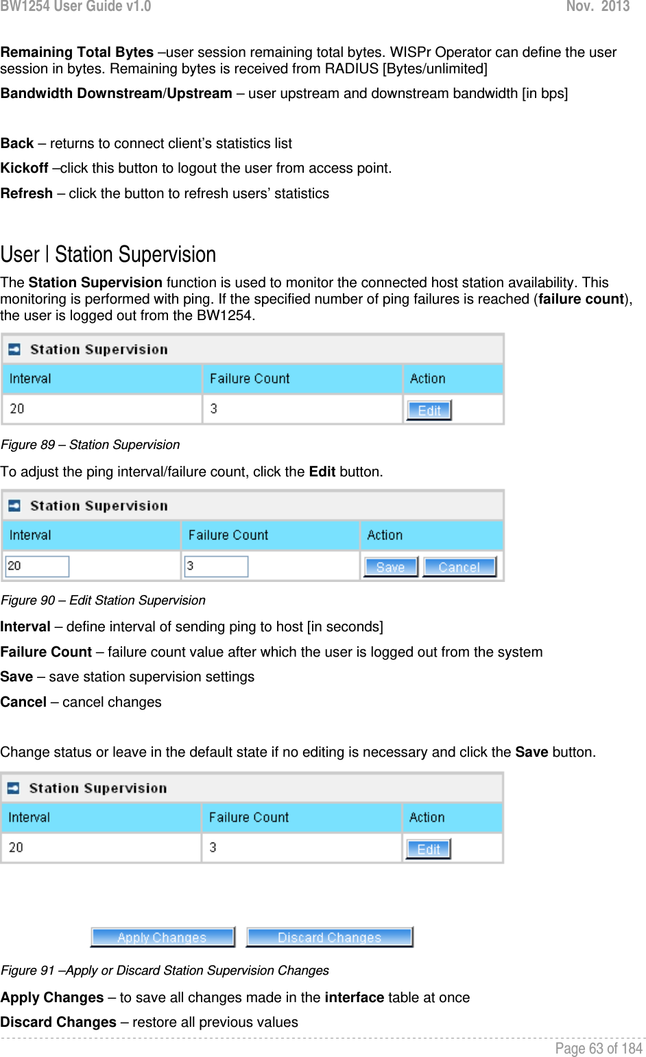 BW1254 User Guide v1.0  Nov.  2013     Page 63 of 184   Remaining Total Bytes –user session remaining total bytes. WISPr Operator can define the user session in bytes. Remaining bytes is received from RADIUS [Bytes/unlimited] Bandwidth Downstream/Upstream – user upstream and downstream bandwidth [in bps]  Back – returns to connect client’s statistics list Kickoff –click this button to logout the user from access point. Refresh – click the button to refresh users’ statistics  User | Station Supervision The Station Supervision function is used to monitor the connected host station availability. This monitoring is performed with ping. If the specified number of ping failures is reached (failure count), the user is logged out from the BW1254.  Figure 89 – Station Supervision To adjust the ping interval/failure count, click the Edit button.  Figure 90 – Edit Station Supervision Interval – define interval of sending ping to host [in seconds] Failure Count – failure count value after which the user is logged out from the system Save – save station supervision settings Cancel – cancel changes  Change status or leave in the default state if no editing is necessary and click the Save button.   Figure 91 –Apply or Discard Station Supervision Changes Apply Changes – to save all changes made in the interface table at once Discard Changes – restore all previous values 