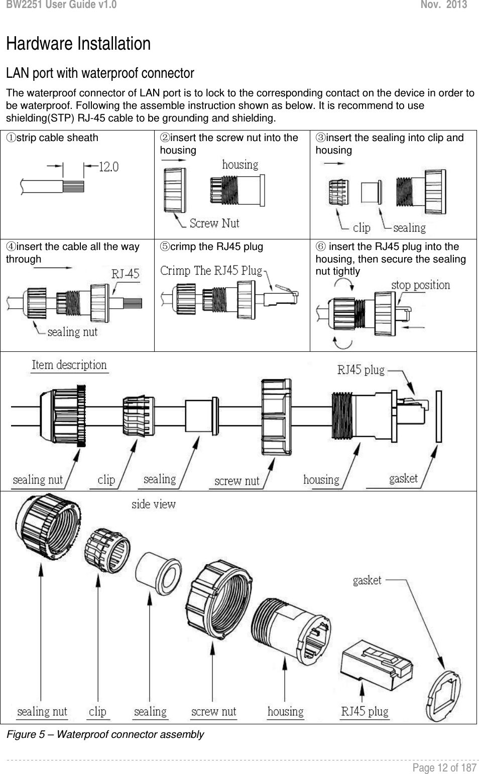 BW2251 User Guide v1.0  Nov.  2013     Page 12 of 187   Hardware Installation LAN port with waterproof connector The waterproof connector of LAN port is to lock to the corresponding contact on the device in order to be waterproof. Following the assemble instruction shown as below. It is recommend to use shielding(STP) RJ-45 cable to be grounding and shielding.  ①strip cable sheath    ②insert the screw nut into the housing  ③insert the sealing into clip and housing ④insert the cable all the way through  ⑤crimp the RJ45 plug   ⑥ insert the RJ45 plug into the housing, then secure the sealing nut tightly  Figure 5 – Waterproof connector assembly  