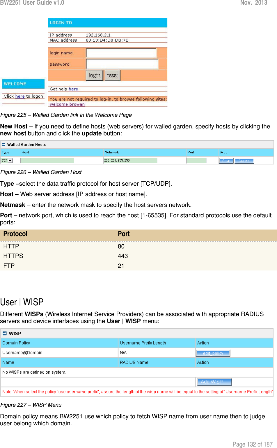 BW2251 User Guide v1.0  Nov.  2013     Page 132 of 187    Figure 225 – Walled Garden link in the Welcome Page New Host – If you need to define hosts (web servers) for walled garden, specify hosts by clicking the new host button and click the update button:  Figure 226 – Walled Garden Host Type –select the data traffic protocol for host server [TCP/UDP]. Host – Web server address [IP address or host name]. Netmask – enter the network mask to specify the host servers network. Port – network port, which is used to reach the host [1-65535]. For standard protocols use the default ports: Protocol  Port HTTP  80 HTTPS  443 FTP  21   User | WISP Different WISPs (Wireless Internet Service Providers) can be associated with appropriate RADIUS servers and device interfaces using the User | WISP menu:  Figure 227 – WISP Menu Domain policy means BW2251 use which policy to fetch WISP name from user name then to judge user belong which domain. 