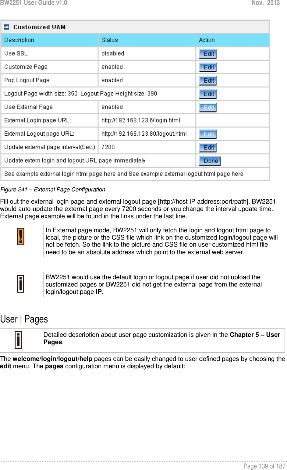 BW2251 User Guide v1.0  Nov.  2013     Page 139 of 187    Figure 241 – External Page Configuration Fill out the external login page and external logout page [http://host IP address:port/path]. BW2251 would auto-update the external page every 7200 seconds or you change the interval update time. External page example will be found in the links under the last line.   User | Pages  Detailed description about user page customization is given in the Chapter 5 – User Pages. The welcome/login/logout/help pages can be easily changed to user defined pages by choosing the edit menu. The pages configuration menu is displayed by default:  In External page mode, BW2251 will only fetch the login and logout html page to local, the picture or the CSS file which link on the customized login/logout page will not be fetch. So the link to the picture and CSS file on user customized html file need to be an absolute address which point to the external web server.  BW2251 would use the default login or logout page if user did not upload the customized pages or BW2251 did not get the external page from the external login/logout page IP. 