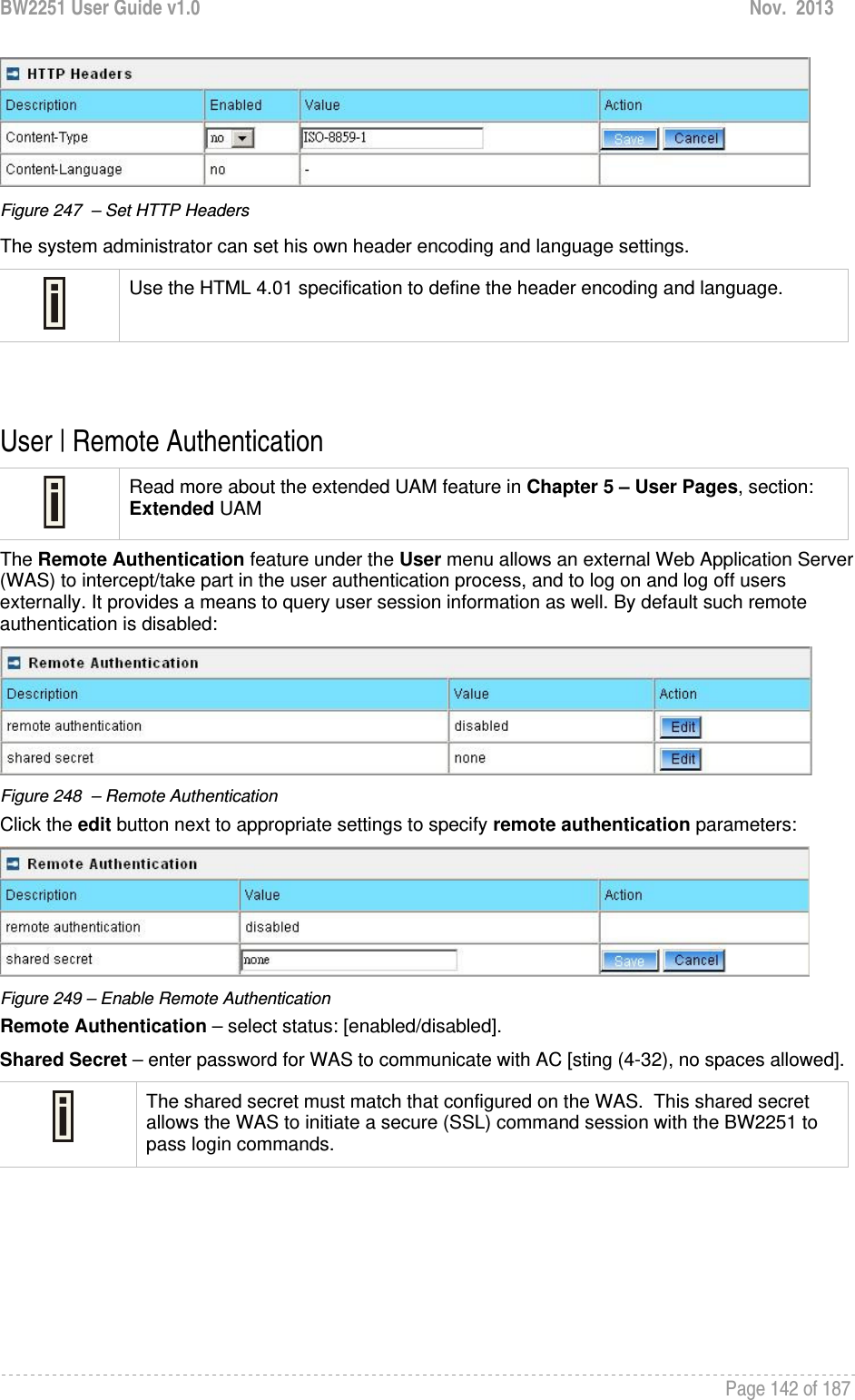 BW2251 User Guide v1.0  Nov.  2013     Page 142 of 187    Figure 247  – Set HTTP Headers  The system administrator can set his own header encoding and language settings.  Use the HTML 4.01 specification to define the header encoding and language.   User | Remote Authentication   Read more about the extended UAM feature in Chapter 5 – User Pages, section: Extended UAM The Remote Authentication feature under the User menu allows an external Web Application Server (WAS) to intercept/take part in the user authentication process, and to log on and log off users externally. It provides a means to query user session information as well. By default such remote authentication is disabled:  Figure 248  – Remote Authentication Click the edit button next to appropriate settings to specify remote authentication parameters:  Figure 249 – Enable Remote Authentication Remote Authentication – select status: [enabled/disabled]. Shared Secret – enter password for WAS to communicate with AC [sting (4-32), no spaces allowed].  The shared secret must match that configured on the WAS.  This shared secret allows the WAS to initiate a secure (SSL) command session with the BW2251 to pass login commands.    