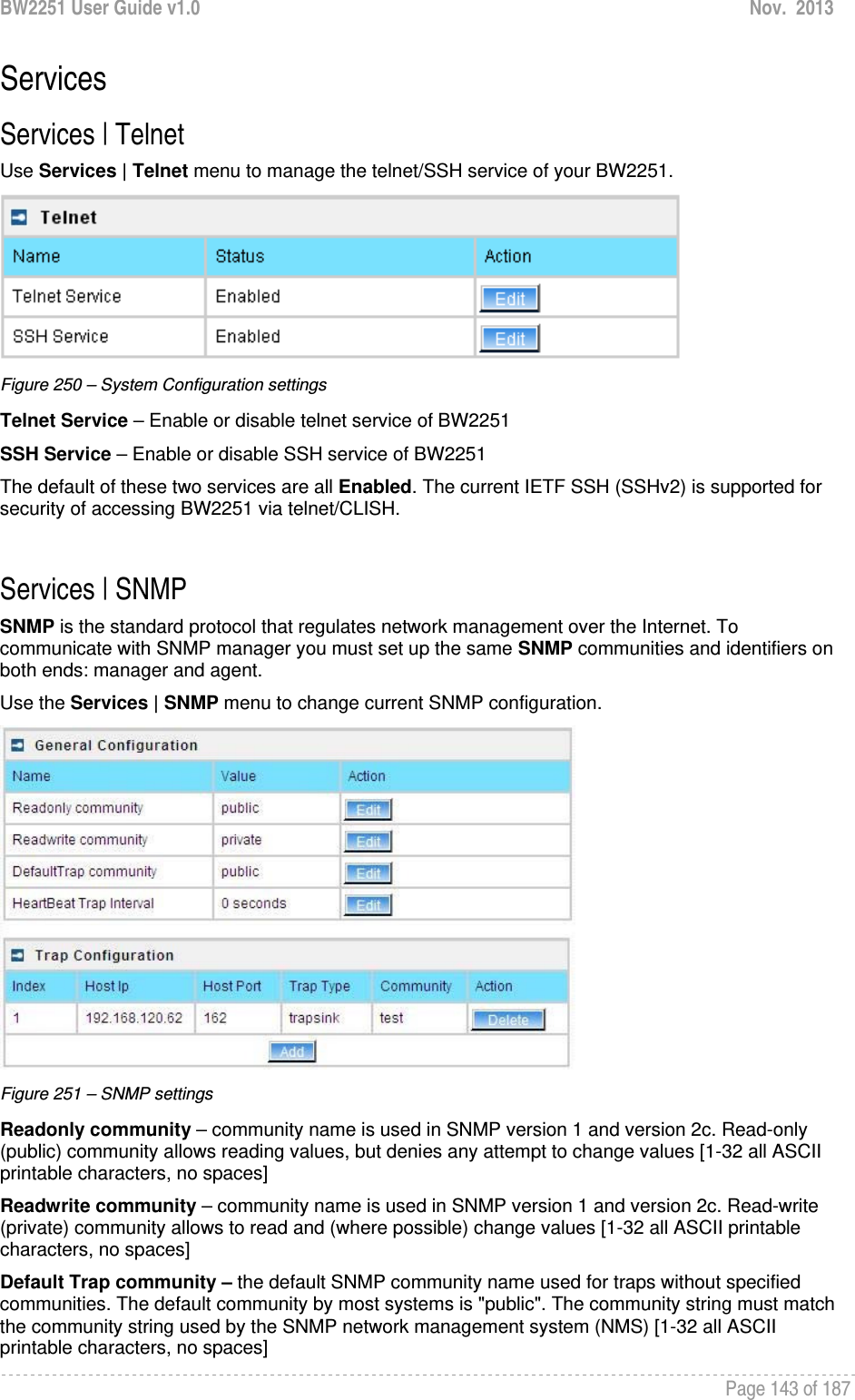 BW2251 User Guide v1.0  Nov.  2013     Page 143 of 187   Services Services | Telnet Use Services | Telnet menu to manage the telnet/SSH service of your BW2251.   Figure 250 – System Configuration settings Telnet Service – Enable or disable telnet service of BW2251 SSH Service – Enable or disable SSH service of BW2251 The default of these two services are all Enabled. The current IETF SSH (SSHv2) is supported for security of accessing BW2251 via telnet/CLISH.   Services | SNMP SNMP is the standard protocol that regulates network management over the Internet. To communicate with SNMP manager you must set up the same SNMP communities and identifiers on both ends: manager and agent. Use the Services | SNMP menu to change current SNMP configuration.  Figure 251 – SNMP settings Readonly community – community name is used in SNMP version 1 and version 2c. Read-only (public) community allows reading values, but denies any attempt to change values [1-32 all ASCII printable characters, no spaces] Readwrite community – community name is used in SNMP version 1 and version 2c. Read-write (private) community allows to read and (where possible) change values [1-32 all ASCII printable characters, no spaces] Default Trap community – the default SNMP community name used for traps without specified communities. The default community by most systems is &quot;public&quot;. The community string must match the community string used by the SNMP network management system (NMS) [1-32 all ASCII printable characters, no spaces] 