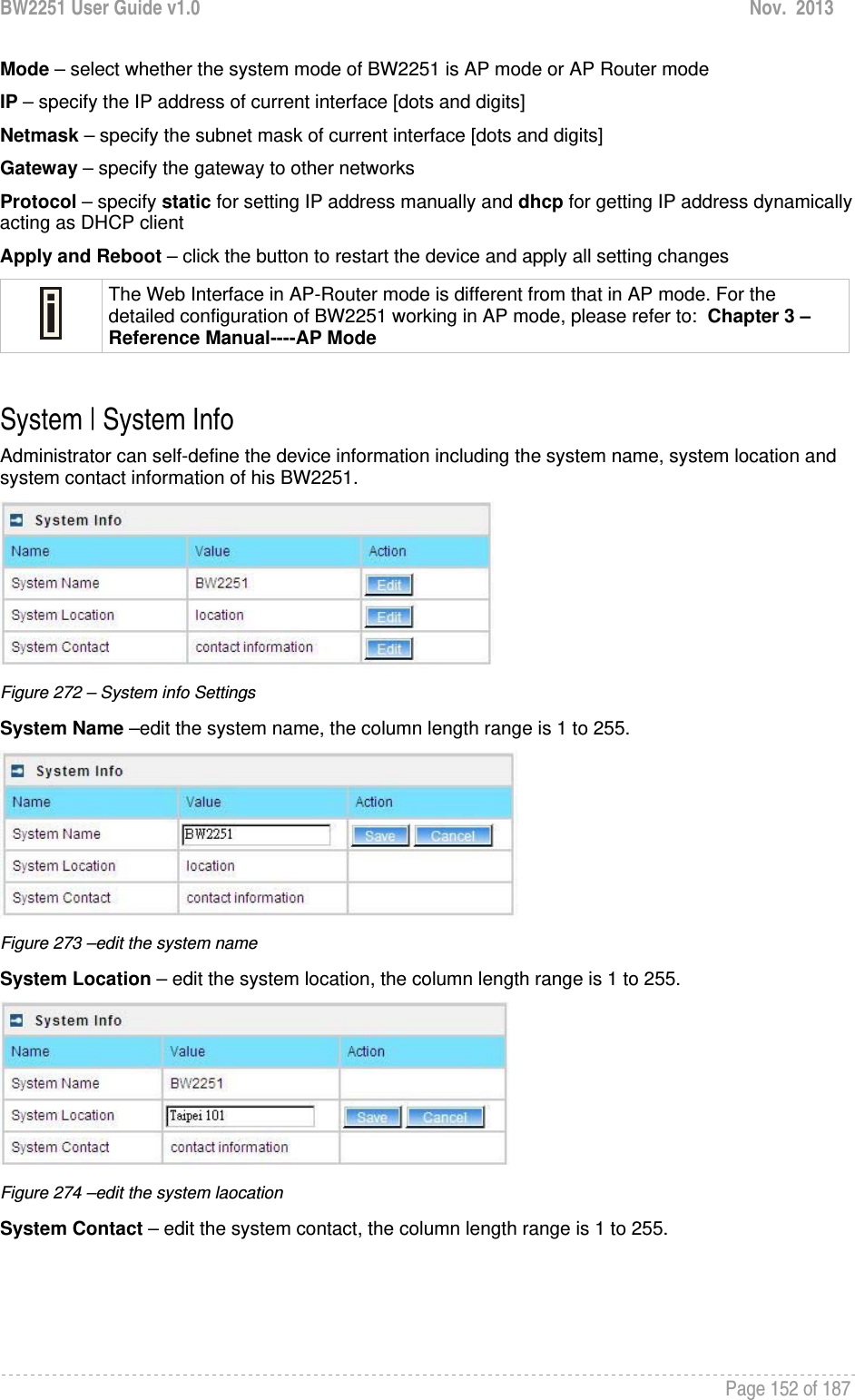 BW2251 User Guide v1.0  Nov.  2013     Page 152 of 187   Mode – select whether the system mode of BW2251 is AP mode or AP Router mode IP – specify the IP address of current interface [dots and digits] Netmask – specify the subnet mask of current interface [dots and digits] Gateway – specify the gateway to other networks Protocol – specify static for setting IP address manually and dhcp for getting IP address dynamically acting as DHCP client Apply and Reboot – click the button to restart the device and apply all setting changes  The Web Interface in AP-Router mode is different from that in AP mode. For the detailed configuration of BW2251 working in AP mode, please refer to:  Chapter 3 – Reference Manual----AP Mode  System | System Info Administrator can self-define the device information including the system name, system location and system contact information of his BW2251.  Figure 272 – System info Settings System Name –edit the system name, the column length range is 1 to 255.  Figure 273 –edit the system name System Location – edit the system location, the column length range is 1 to 255.  Figure 274 –edit the system laocation System Contact – edit the system contact, the column length range is 1 to 255. 