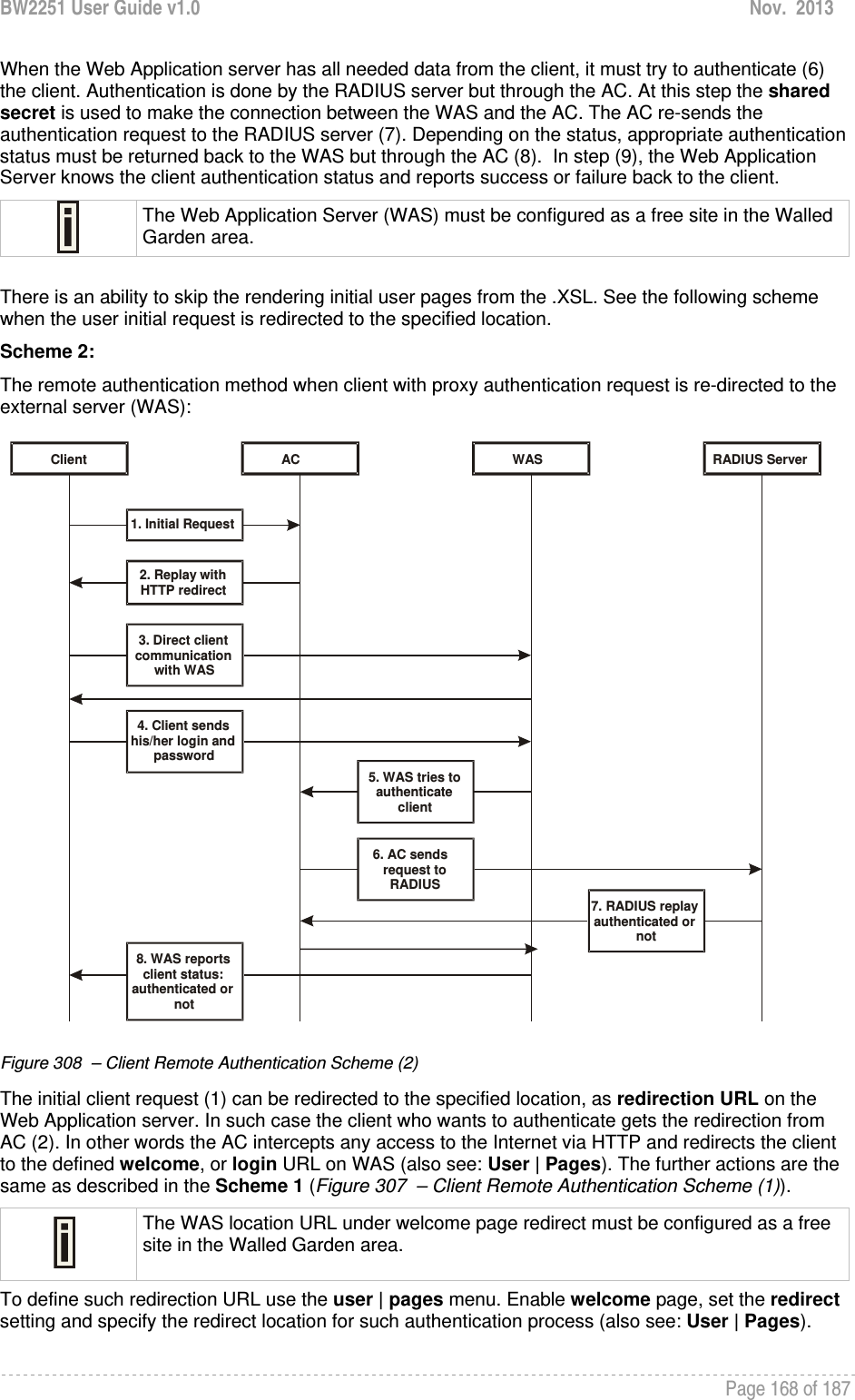 BW2251 User Guide v1.0  Nov.  2013     Page 168 of 187   When the Web Application server has all needed data from the client, it must try to authenticate (6) the client. Authentication is done by the RADIUS server but through the AC. At this step the shared secret is used to make the connection between the WAS and the AC. The AC re-sends the authentication request to the RADIUS server (7). Depending on the status, appropriate authentication status must be returned back to the WAS but through the AC (8).  In step (9), the Web Application Server knows the client authentication status and reports success or failure back to the client.  The Web Application Server (WAS) must be configured as a free site in the Walled Garden area.  There is an ability to skip the rendering initial user pages from the .XSL. See the following scheme when the user initial request is redirected to the specified location. Scheme 2: The remote authentication method when client with proxy authentication request is re-directed to the external server (WAS):  Client AC WAS RADIUS Server1. Initial Request 2. Replay with HTTP redirect 3. Direct client communication with WAS 4. Client sends his/her login and password 8. WAS reports client status: authenticated or not 5. WAS tries toauthenticateclient6. AC sendsrequest toRADIUS7. RADIUS replay authenticated or not Figure 308  – Client Remote Authentication Scheme (2) The initial client request (1) can be redirected to the specified location, as redirection URL on the Web Application server. In such case the client who wants to authenticate gets the redirection from AC (2). In other words the AC intercepts any access to the Internet via HTTP and redirects the client to the defined welcome, or login URL on WAS (also see: User | Pages). The further actions are the same as described in the Scheme 1 (Figure 307  – Client Remote Authentication Scheme (1)).  The WAS location URL under welcome page redirect must be configured as a free site in the Walled Garden area. To define such redirection URL use the user | pages menu. Enable welcome page, set the redirect setting and specify the redirect location for such authentication process (also see: User | Pages). 