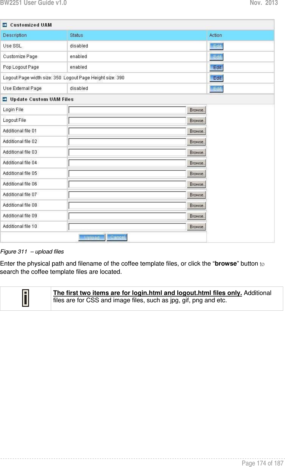 BW2251 User Guide v1.0  Nov.  2013     Page 174 of 187    Figure 311  – upload files Enter the physical path and filename of the coffee template files, or click the “browse” button to search the coffee template files are located.    The first two items are for login.html and logout.html files only. Additional files are for CSS and image files, such as jpg, gif, png and etc.   