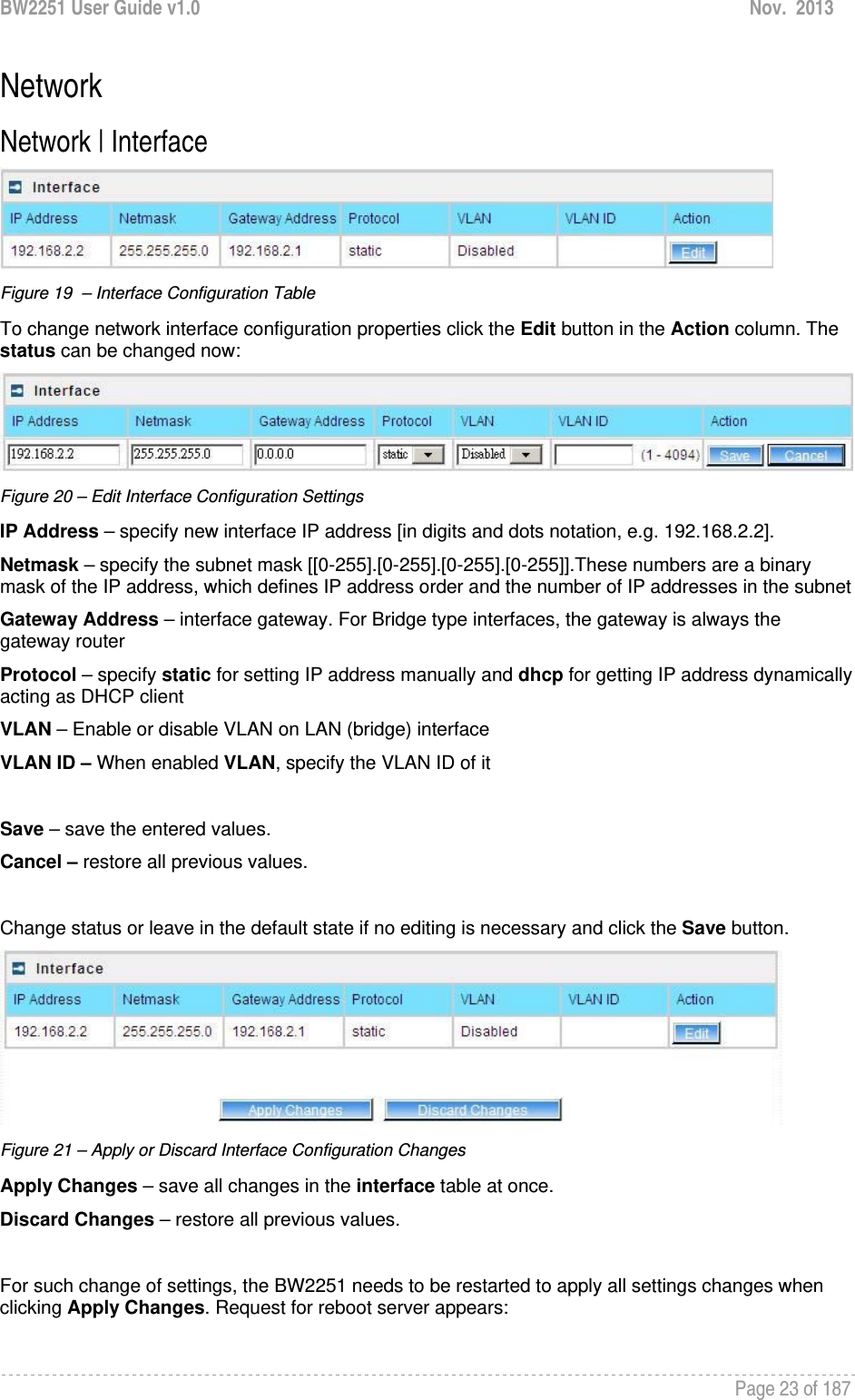 BW2251 User Guide v1.0  Nov.  2013     Page 23 of 187   Network Network | Interface   Figure 19  – Interface Configuration Table To change network interface configuration properties click the Edit button in the Action column. The status can be changed now:  Figure 20 – Edit Interface Configuration Settings IP Address – specify new interface IP address [in digits and dots notation, e.g. 192.168.2.2]. Netmask – specify the subnet mask [[0-255].[0-255].[0-255].[0-255]].These numbers are a binary mask of the IP address, which defines IP address order and the number of IP addresses in the subnet Gateway Address – interface gateway. For Bridge type interfaces, the gateway is always the gateway router Protocol – specify static for setting IP address manually and dhcp for getting IP address dynamically acting as DHCP client VLAN – Enable or disable VLAN on LAN (bridge) interface VLAN ID – When enabled VLAN, specify the VLAN ID of it  Save – save the entered values. Cancel – restore all previous values.  Change status or leave in the default state if no editing is necessary and click the Save button.   Figure 21 – Apply or Discard Interface Configuration Changes Apply Changes – save all changes in the interface table at once. Discard Changes – restore all previous values.  For such change of settings, the BW2251 needs to be restarted to apply all settings changes when clicking Apply Changes. Request for reboot server appears: 