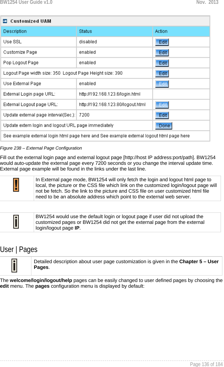 BW1254 User Guide v1.0  Nov.  2013     Page 136 of 184    Figure 238 – External Page Configuration Fill out the external login page and external logout page [http://host IP address:port/path]. BW1254 would auto-update the external page every 7200 seconds or you change the interval update time. External page example will be found in the links under the last line.   User | Pages  Detailed description about user page customization is given in the Chapter 5 – User Pages. The welcome/login/logout/help pages can be easily changed to user defined pages by choosing the edit menu. The pages configuration menu is displayed by default:  In External page mode, BW1254 will only fetch the login and logout html page to local, the picture or the CSS file which link on the customized login/logout page will not be fetch. So the link to the picture and CSS file on user customized html file need to be an absolute address which point to the external web server.  BW1254 would use the default login or logout page if user did not upload the customized pages or BW1254 did not get the external page from the external login/logout page IP. 
