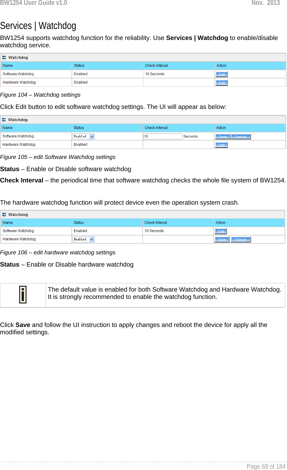 BW1254 User Guide v1.0  Nov.  2013     Page 69 of 184   Services | Watchdog BW1254 supports watchdog function for the reliability. Use Services | Watchdog to enable/disable watchdog service.   Figure 104 – Watchdog settings Click Edit button to edit software watchdog settings. The UI will appear as below:  Figure 105 – edit Software Watchdog settings Status – Enable or Disable software watchdog Check Interval – the periodical time that software watchdog checks the whole file system of BW1254.   The hardware watchdog function will protect device even the operation system crash.  Figure 106 – edit hardware watchdog settings Status – Enable or Disable hardware watchdog   The default value is enabled for both Software Watchdog and Hardware Watchdog. It is strongly recommended to enable the watchdog function.   Click Save and follow the UI instruction to apply changes and reboot the device for apply all the modified settings.   