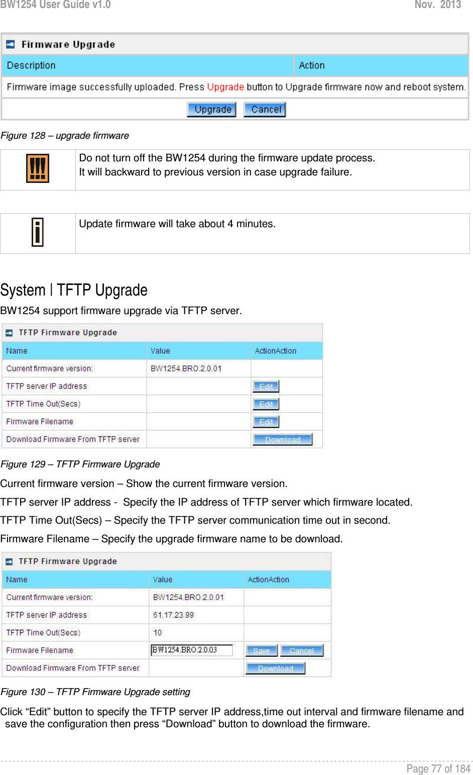 BW1254 User Guide v1.0  Nov.  2013     Page 77 of 184    Figure 128 – upgrade firmware  Do not turn off the BW1254 during the firmware update process.  It will backward to previous version in case upgrade failure.   Update firmware will take about 4 minutes.   System | TFTP Upgrade BW1254 support firmware upgrade via TFTP server.  Figure 129 – TFTP Firmware Upgrade Current firmware version – Show the current firmware version. TFTP server IP address -  Specify the IP address of TFTP server which firmware located. TFTP Time Out(Secs) – Specify the TFTP server communication time out in second. Firmware Filename – Specify the upgrade firmware name to be download.  Figure 130 – TFTP Firmware Upgrade setting Click “Edit” button to specify the TFTP server IP address,time out interval and firmware filename and save the configuration then press “Download” button to download the firmware. 