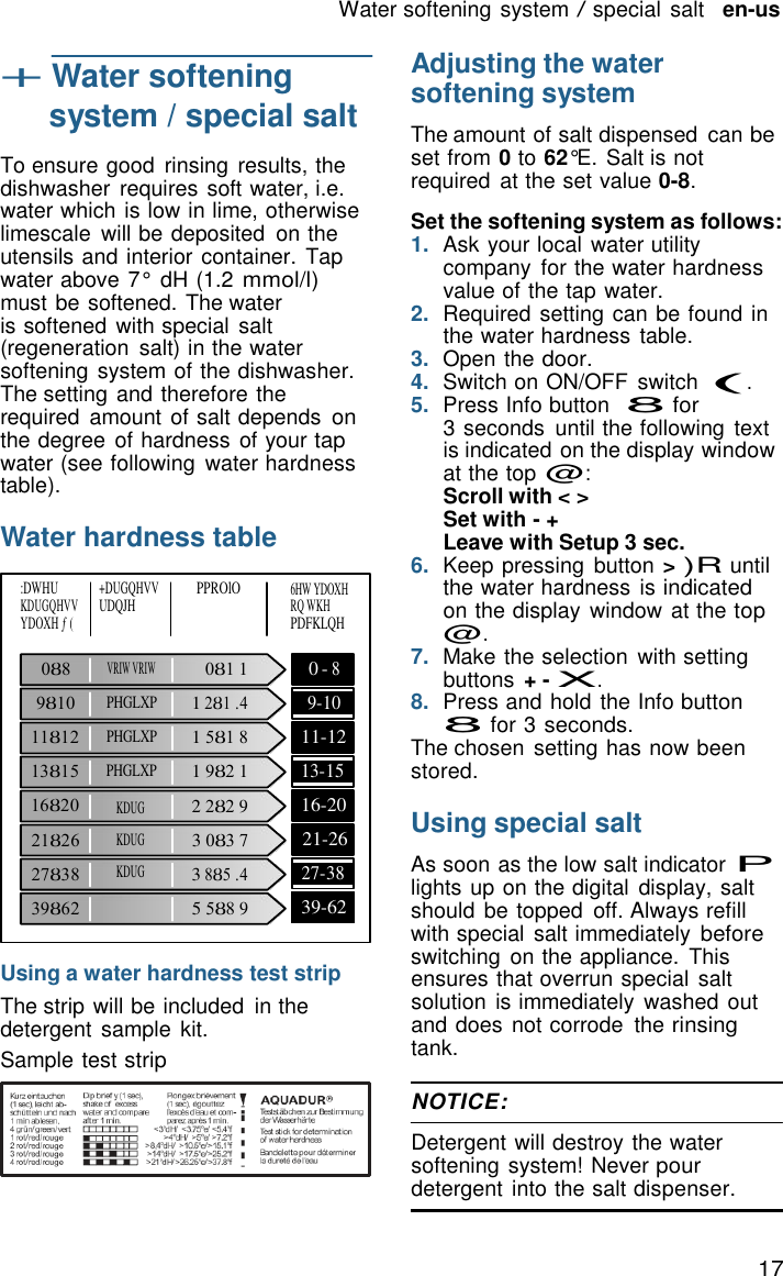 17      + Water softening Water softening system / special salt   en-us  Adjusting the water softening system system / special salt  To ensure good  rinsing results, the dishwasher  requires soft water, i.e. water which is low in lime, otherwise limescale  will be deposited  on the utensils and interior container.  Tap water above 7&deg; dH (1.2 mmol/l) must be softened. The water is softened with special  salt (regeneration  salt) in the water softening system of the dishwasher. The setting and therefore the required  amount of salt depends on the degree of hardness of your tap water (see following  water hardness table).  Water hardness table  The amount of salt dispensed  can be set from 0 to 62&deg;E. Salt is not required  at the set value 0-8.  Set the softening system as follows: 1.  Ask your local water utility company  for the water hardness value of the tap water. 2.  Required setting can be found in the water hardness  table. 3.  Open the door. 4.  Switch on ON/OFF  switch (. 5.  Press Info button  8 for 3 seconds  until the following  text is indicated on the display window at the top @: Scroll with < > Set with - + Leave with Setup 3 sec. 6.  Keep pressing  button > )R until :DWHU KDUGQHVV YDOXH &fnof;(  0Ȣ8  9Ȣ10  11Ȣ12  13Ȣ15  16Ȣ20  21Ȣ26  27Ȣ38  39Ȣ62 +DUGQHVV UDQJH   VRIW VRIW PHGLXP PHGLXP PHGLXP KDUG KDUG KDUG PPROlO    0Ȣ1 1  1 2Ȣ1 .4  1 5Ȣ1 8  1 9Ȣ2 1  2 2Ȣ2 9  3 0Ȣ3 7  3 8Ȣ5 .4  5 5Ȣ8 9 6HW YDOXH RQ WKH PDFKLQH  0 - 8     9-10    11-12    13-15    16-20  21-26    27-38    39-62 the water hardness  is indicated on the display  window at the top @. 7.  Make the selection  with setting buttons + - X. 8.  Press and hold the Info button 8 for 3 seconds. The chosen  setting has now been stored.  Using special salt  As soon as the low salt indicator P lights up on the digital  display, salt should  be topped  off. Always refill with special  salt immediately before switching  on the appliance.  This Using a water hardness test strip The strip will be included  in the detergent sample kit. Sample test strip ensures that overrun special  salt solution  is immediately  washed out and does not corrode  the rinsing tank.  NOTICE:  Detergent will destroy the water softening system! Never pour detergent into the salt dispenser. 