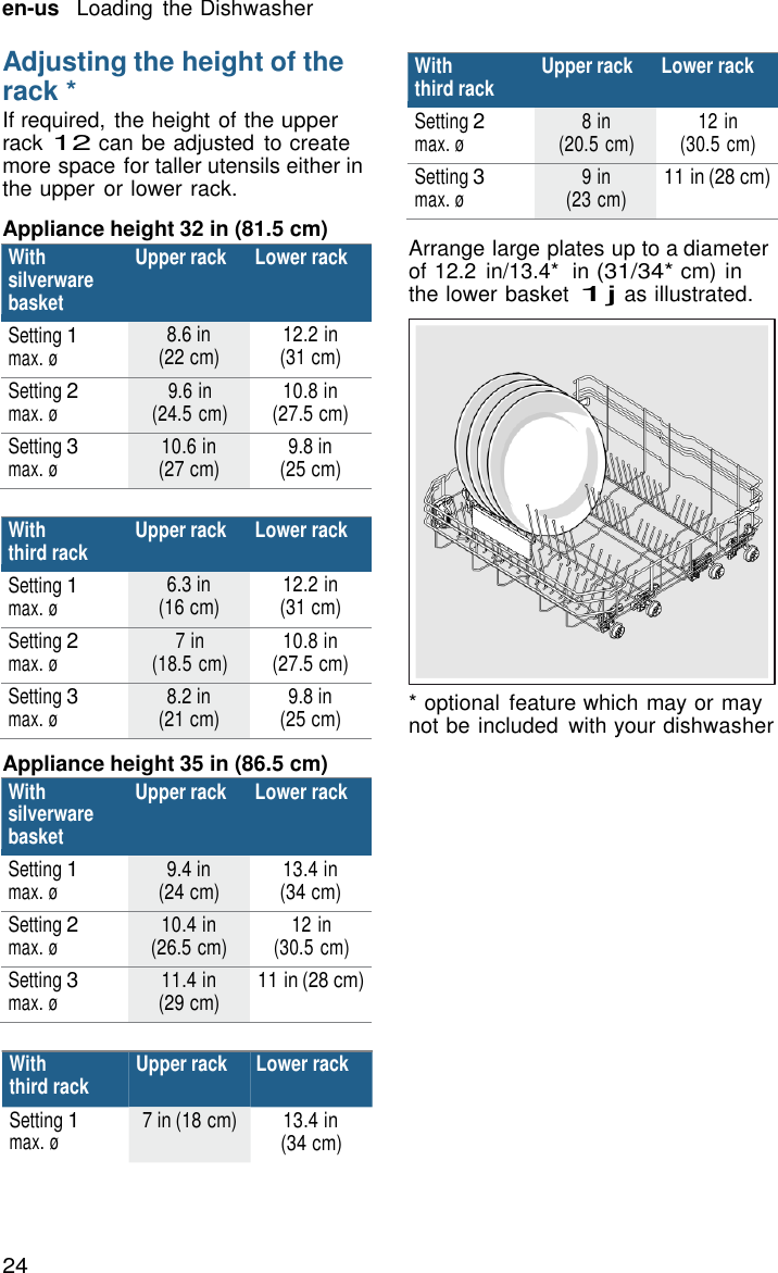 24 en-us   Loading  the Dishwasher    Adjusting the height of the rack * If required, the height of the upper rack 12 can be adjusted  to create more space for taller utensils either in the upper or lower rack.  Appliance height 32 in (81.5 cm)  With Upper rack Lower rack silverware basket Setting 1 max. &oslash; 8.6 in (22 cm) 12.2 in (31 cm) Setting 2 max. &oslash; 9.6 in (24.5 cm) 10.8 in (27.5 cm) Setting 3 max. &oslash; 10.6 in (27 cm) 9.8 in (25 cm)  With Upper rack Lower rack third rack Setting 1 max. &oslash; 6.3 in (16 cm) 12.2 in (31 cm) Setting 2 max. &oslash; 7 in (18.5 cm) 10.8 in (27.5 cm) Setting 3 max. &oslash; 8.2 in (21 cm) 9.8 in (25 cm)  Appliance height 35 in (86.5 cm)  With Upper rack Lower rack third rack Setting 2 max. &oslash; 8 in (20.5 cm) 12 in (30.5 cm) Setting 3 max. &oslash; 9 in (23 cm) 11 in (28 cm)  Arrange large plates up to a diameter of 12.2  in/13.4*  in (31/34* cm) in the lower basket 1j as illustrated.                  * optional  feature which may or may not be included  with your dishwasher  With Upper rack Lower rack silverware basket Setting 1 max. &oslash; 9.4 in (24 cm) 13.4 in (34 cm) Setting 2 max. &oslash; 10.4 in (26.5 cm) 12 in (30.5 cm) Setting 3 max. &oslash; 11.4 in (29 cm) 11 in (28 cm)  With third rack Setting 1 max. &oslash; Upper rack Lower rack  7 in (18 cm) 13.4 in (34 cm) 