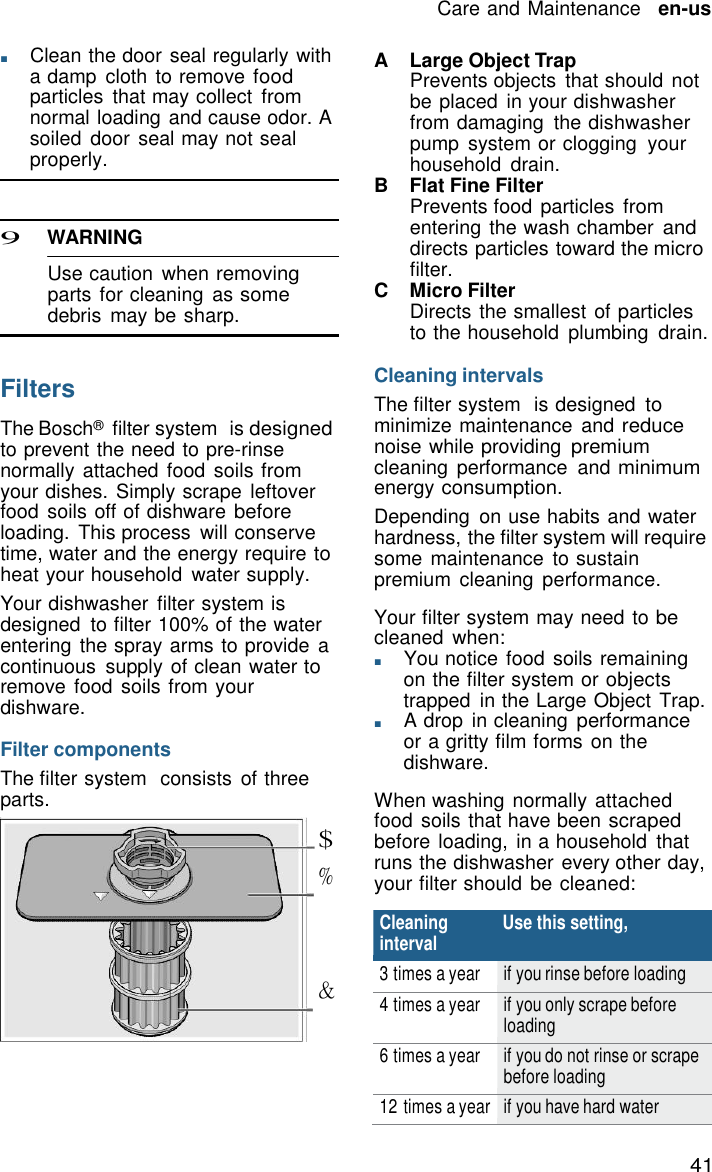 41 Care and Maintenance   en-us   Cleaning Use this setting, interval 3 times a year if you rinse before loading 4 times a year if you only scrape before loading 6 times a year if you do not rinse or scrape before loading 12 times a year if you have hard water   ■       Clean the door seal regularly with a damp  cloth to remove food particles  that may collect from normal loading and cause odor. A soiled  door  seal may not seal properly.    9 WARNING  Use caution  when removing parts for cleaning  as some debris  may be sharp.   Filters  The Bosch&reg;  filter system  is designed to prevent the need to pre-rinse normally attached food soils from your dishes. Simply scrape leftover food  soils off of dishware before loading.  This process  will conserve time, water and the energy require to heat your household  water supply. Your dishwasher filter system is designed  to filter 100% of the water entering the spray arms to provide a continuous  supply of clean water to remove food  soils from your dishware.  Filter components The filter system  consists  of three parts.  $ %     &amp; A  Large Object Trap Prevents objects  that should  not be placed  in your dishwasher from damaging  the dishwasher pump  system or clogging  your household  drain. B  Flat Fine Filter Prevents food particles from entering the wash chamber and directs particles toward the micro filter. C  Micro Filter Directs the smallest of particles to the household  plumbing  drain.  Cleaning intervals The filter system  is designed to minimize maintenance  and reduce noise while providing premium cleaning  performance  and minimum energy consumption. Depending  on use habits and water hardness, the filter system will require some maintenance  to sustain premium  cleaning  performance.  Your filter system may need to be cleaned  when: ■       You notice food  soils remaining on the filter system or objects trapped  in the Large Object  Trap. ■       A drop  in cleaning performance or a gritty film forms on the dishware.  When washing normally attached food  soils that have been scraped before loading,  in a household  that runs the dishwasher every other day, your filter should be cleaned: 