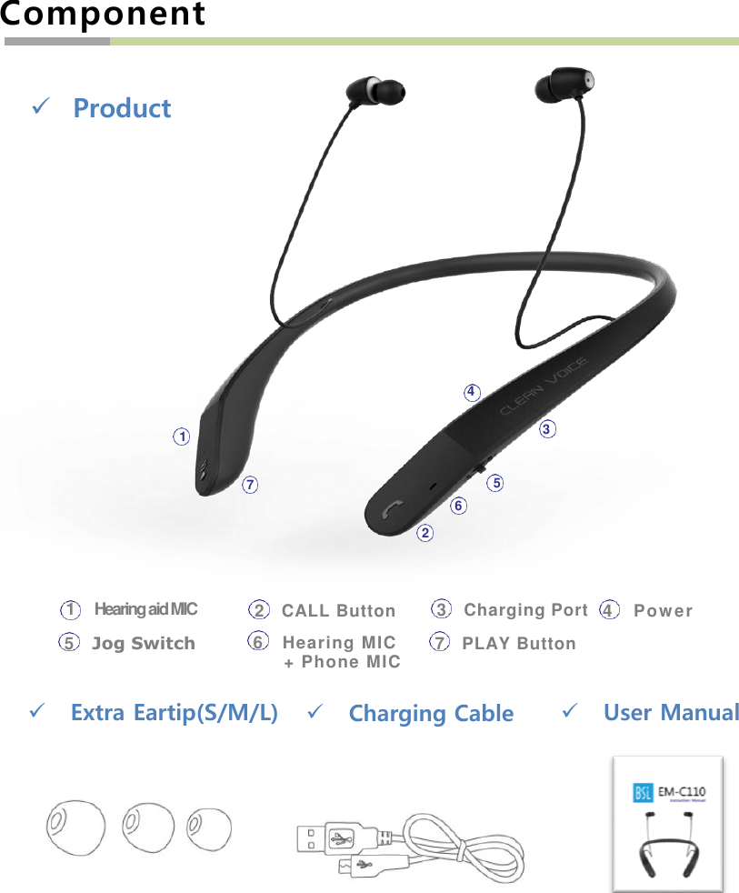 ComponentProduct12567341 Hearing aid MIC 2  CALL Button 3  Charging Port 4  Power5  Jog Switch 6  Hearing MIC+ Phone MIC 7  PLAY ButtonExtra Eartip(S/M/L) Charging Cable User Manual