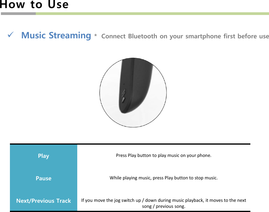 How to UseMusic Streaming *  Connect Bluetooth on your smartphone first before usePlay Press Play button to play music on your phone.Pause While playing music, press Play button to stop music.Next/Previous TrackIf you move the jog switch up / down during music playback, it moves to the next song / previous song.